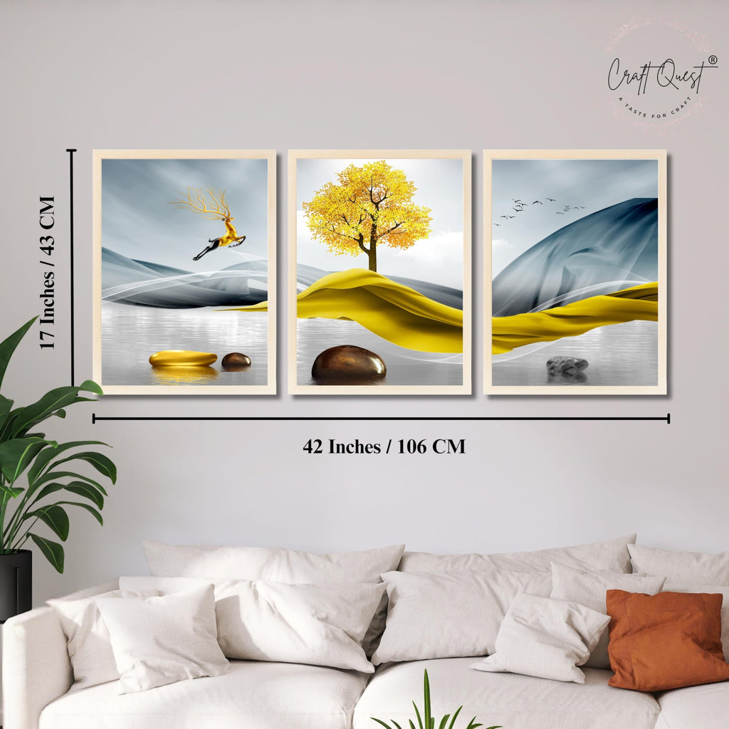 CRAFT QUEST Sanlian Adornment Abstract Modern Art | Set of 3 Frames for Home Decoration | Ideal for Living Room, Bedroom & Offices