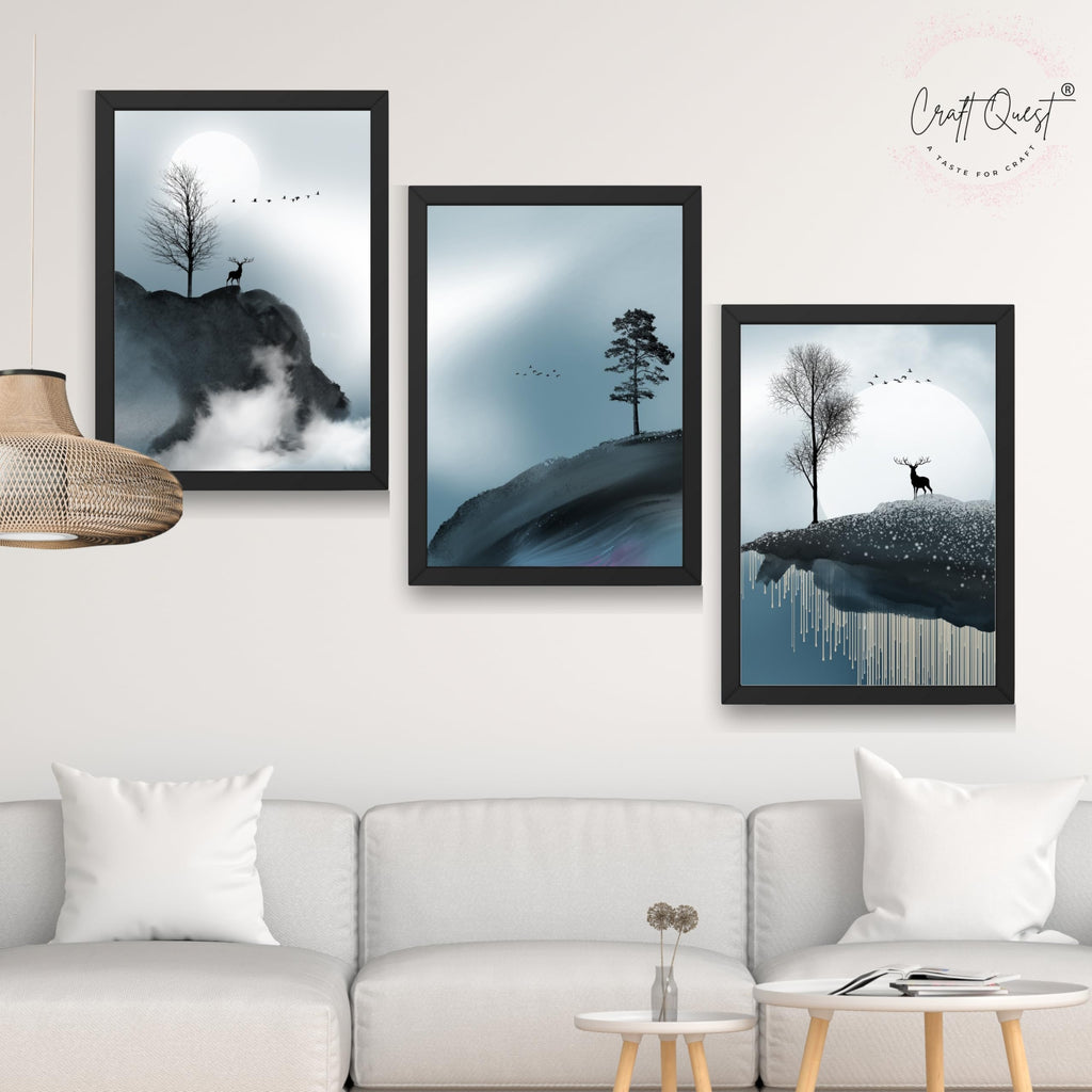 CRAFT QUEST Modern Art Geometric Ink Abstract Wall Art | Set of 3 Frames for Home Decoration | Ideal for Living Room, Bedroom & Offices