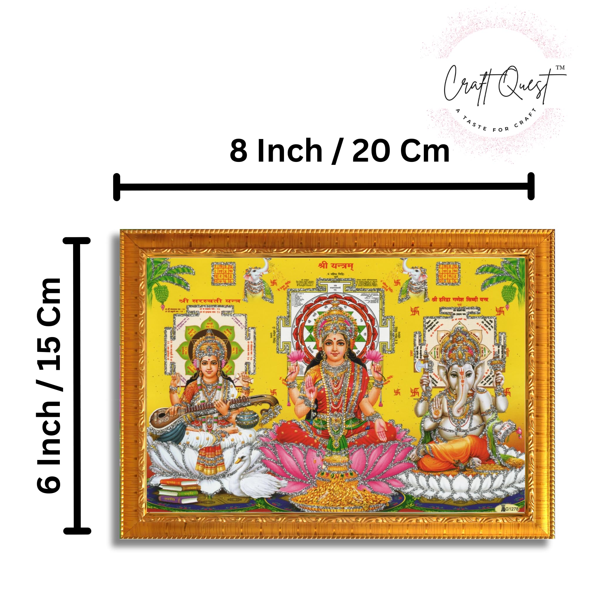 CRAFT QUEST Lakshmi Devi with ganesh ji and saraswati mata Wall Painting Photo Frame Home Decor (Synthetic, Golden, Sparkle Finish, Small Size, 8 X 6 Inch)