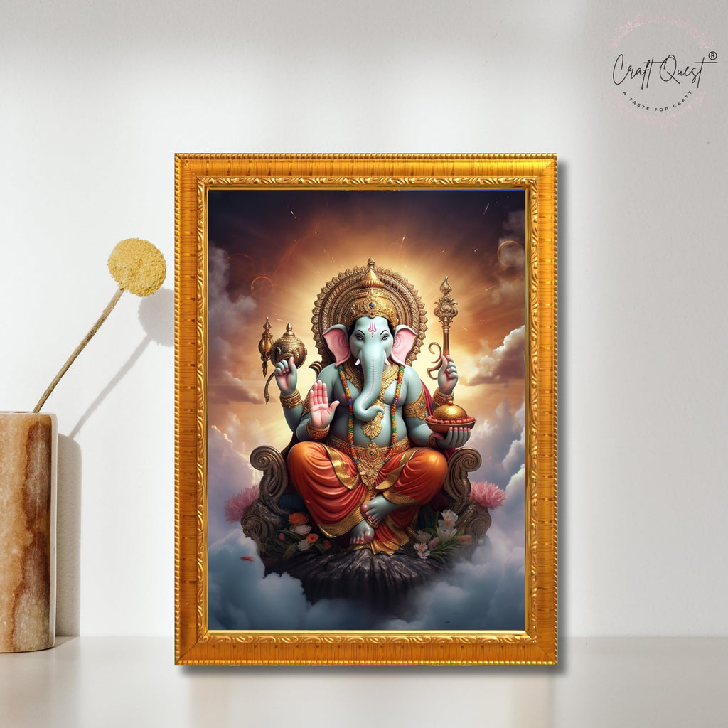 CRAFT QUEST God Ganesha Ganpati ji Photo Frame Wall Decor Mandir Pooja Poster Religious Painting Divine Hindu Temple Decoration Spiritual Blessings Home Office Gift