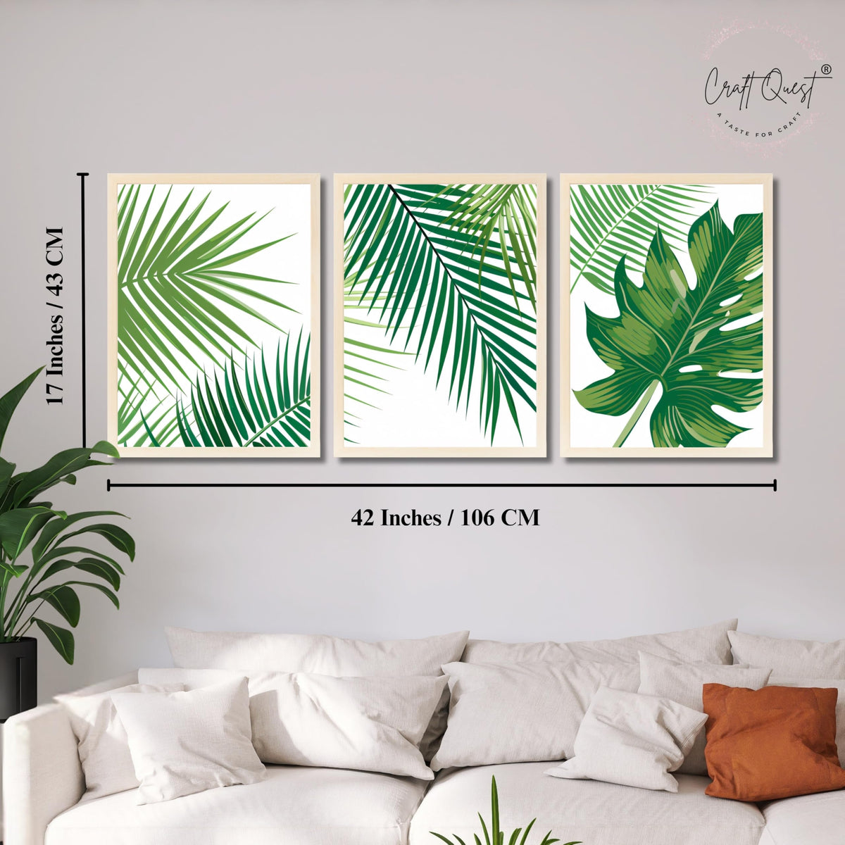 CRAFT QUEST Nature Inspired Tropical Palm Leaf Modern Wall Art | Set of 3 Frames for Home Decoration | Ideal for Living Room, Bedroom & Offices