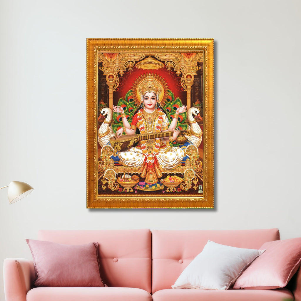 CRAFT QUEST Saraswati Devi Goddess Saraswathi Maa Wall Painting Framed For Home Décor Synthetic wooden Framed
