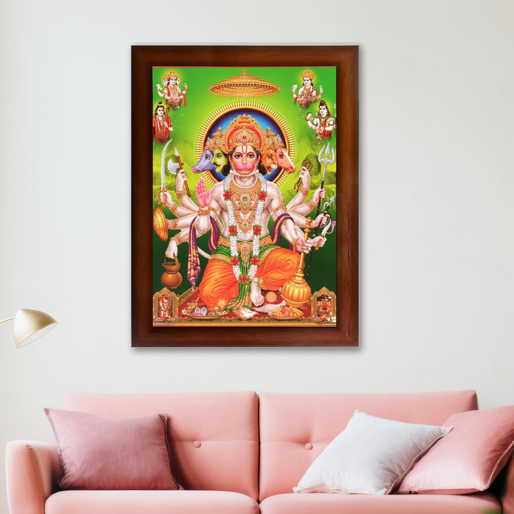 CRAFT QUEST Panchmukhi Hanuman | Bajrangbali Religious Photo frame home Decorative item synthetic wooden frame