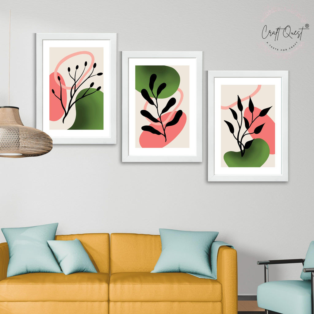 CRAFT QUEST Nature Inspired Abstract Shape & Leaf Wall Art | Set of 3 Frames for Home Decoration | Ideal for Living Room, Bedroom & Offices
