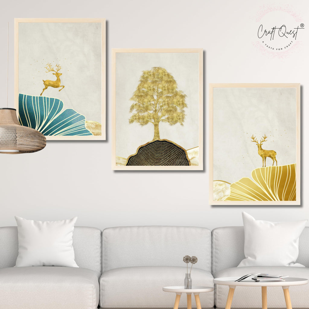 CRAFT QUEST Modern Art Landscape Of Golden Tree & Deer Wall Art | Set of 3 Frames for Home Decoration | Ideal for Living Room, Bedroom & Offices