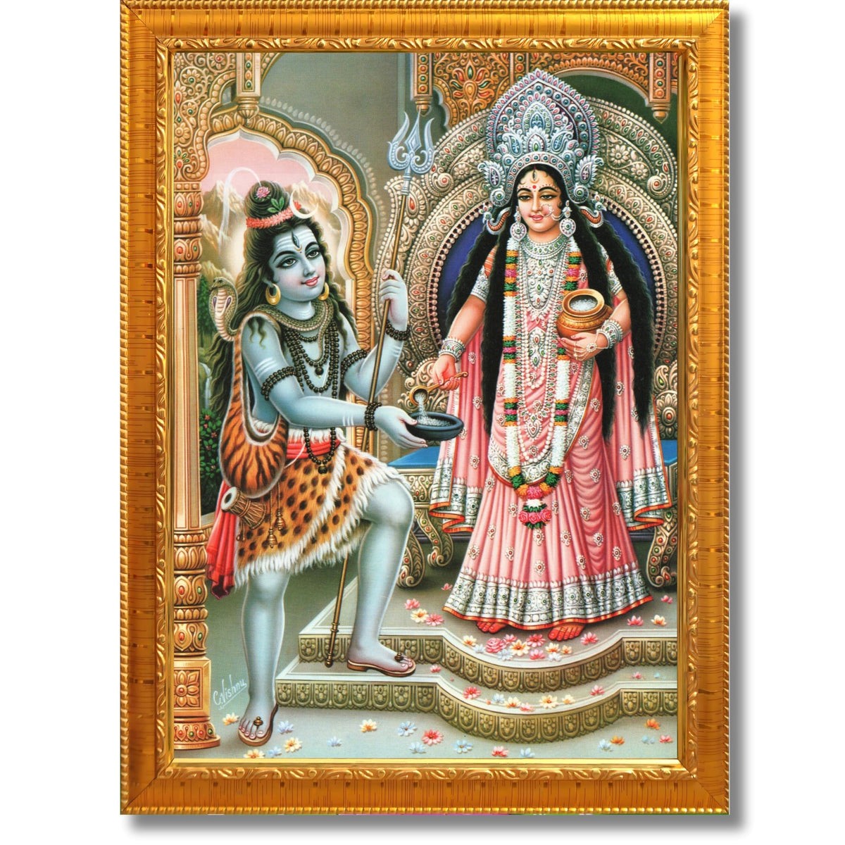 CRAFT QUEST Shiva & Maa Annapurna devi sitting on throne photo frame with Laminated Poster for Kitchen Worship