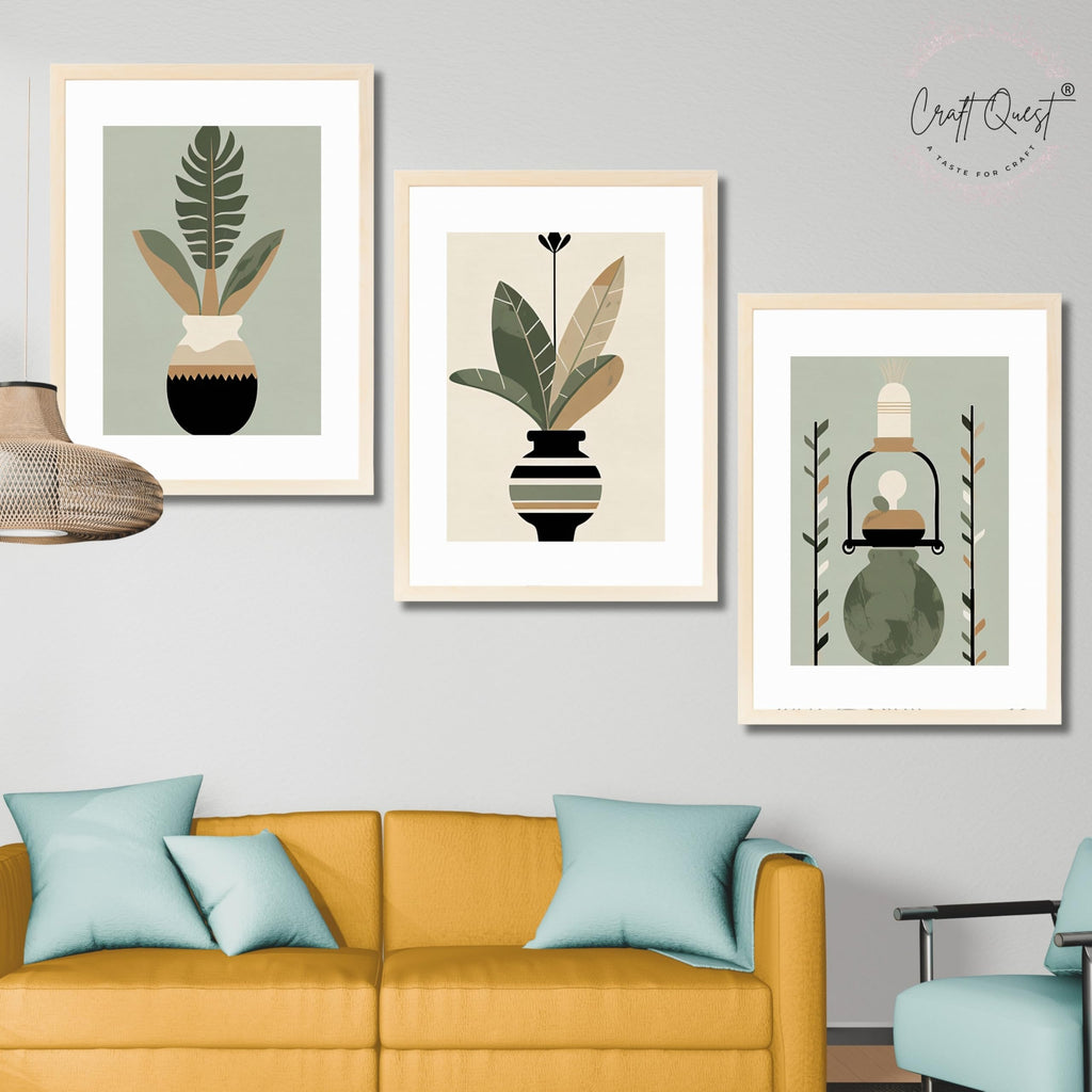 CRAFT QUEST Boho Leaves & Flowers Geometric Abstract | Set of 3 Frames for Home Decoration | Ideal for Living Room, Bedroom & Offices