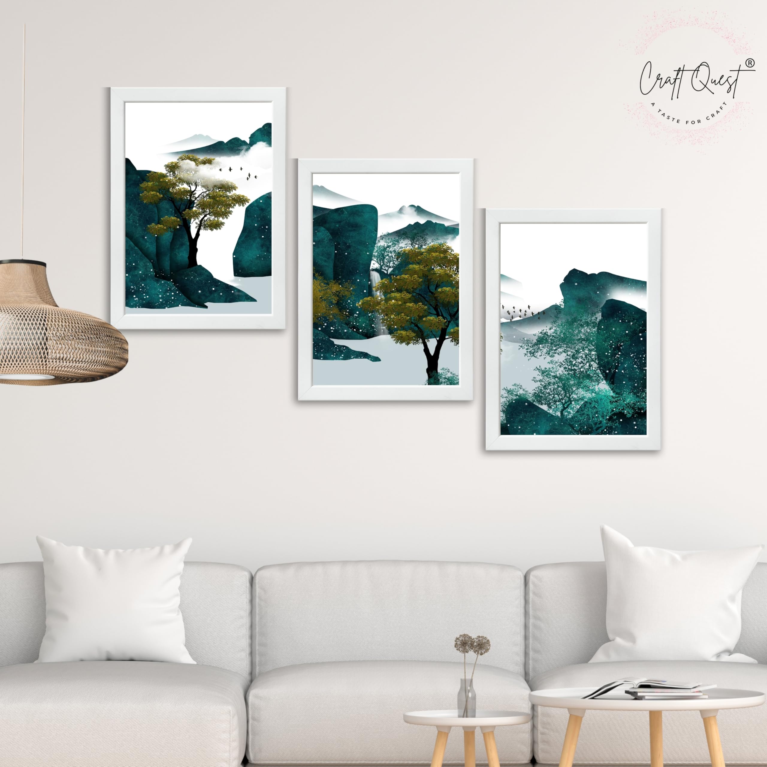 CRAFT QUEST Modern Art Ink Landscape Wall Art | Set of 3 Frames for Home Decoration | Ideal for Living Room, Bedroom & Offices