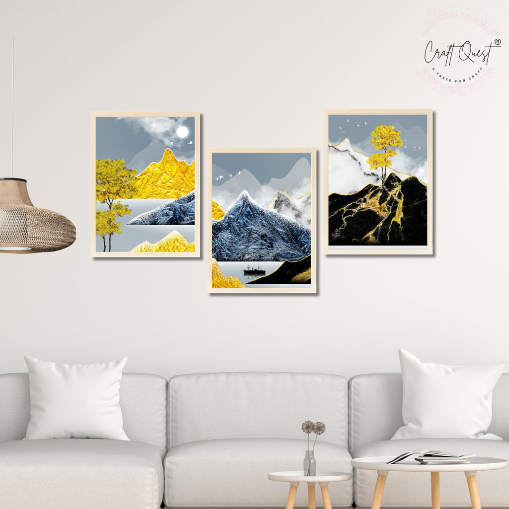 CRAFT QUEST Modern Art Abstract Ink Landscape Wall Art | Set of 3 Frames for Home Decoration | Ideal for Living Room, Bedroom & Offices