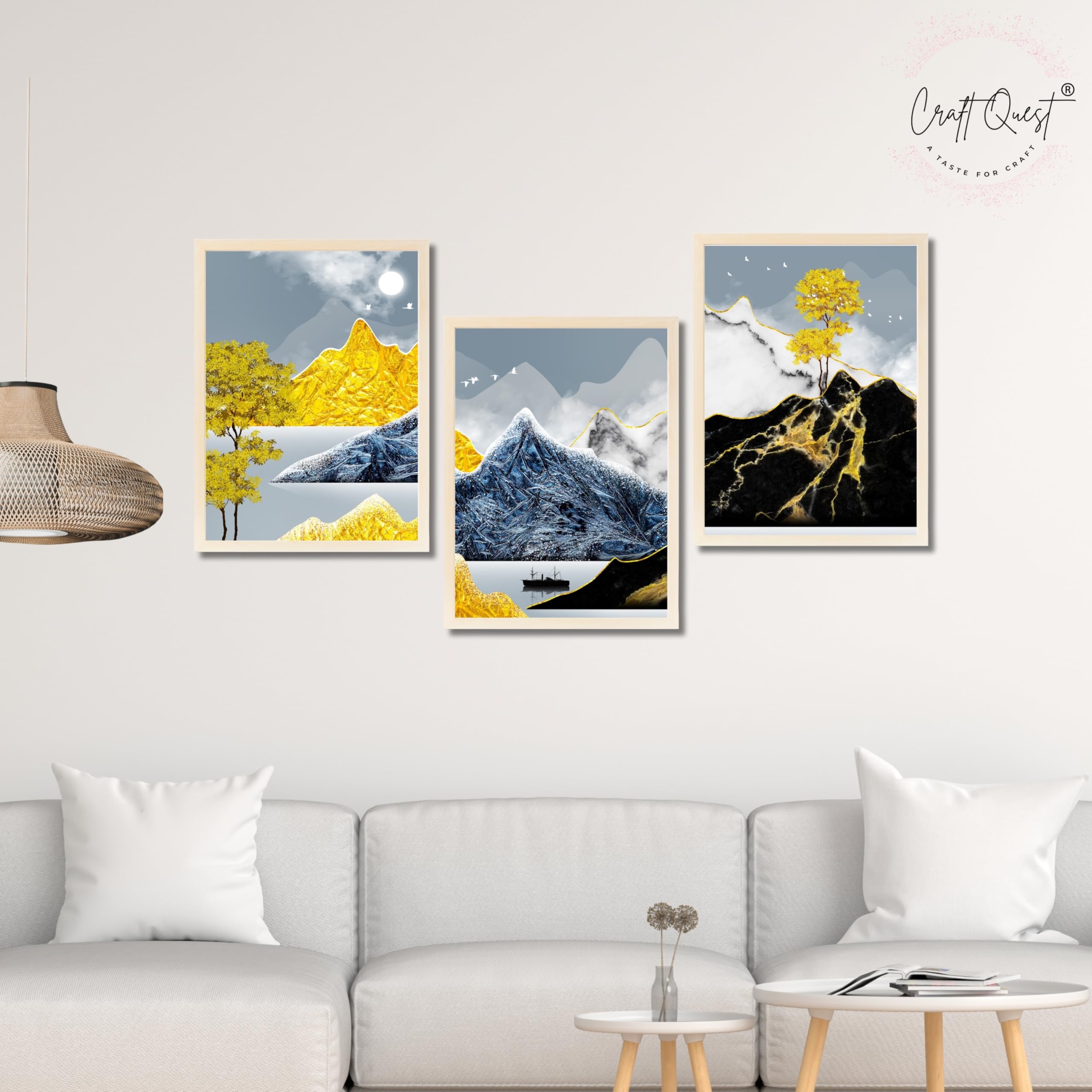 CRAFT QUEST Modern Art Abstract Ink Landscape Wall Art | Set of 3 Frames for Home Decoration | Ideal for Living Room, Bedroom & Offices