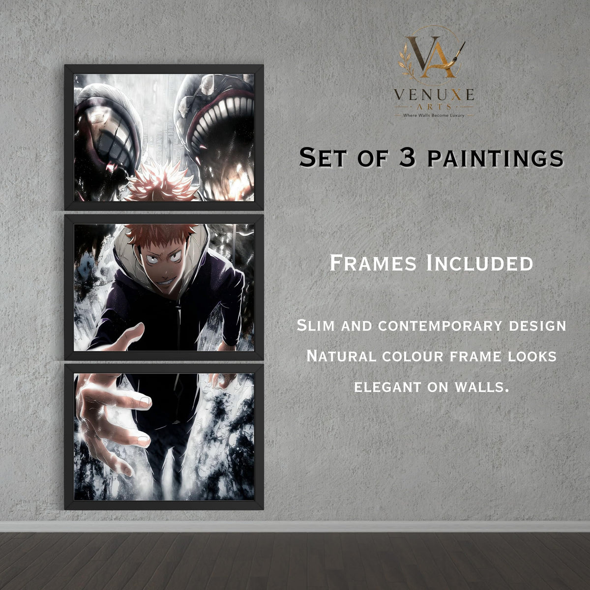 VENUXE ARTS Set Of 3 Anime Characters Wall Framed |Anime Characters Framed Poster for Living Room Bedroom Gaming Room Studio Wall Decor