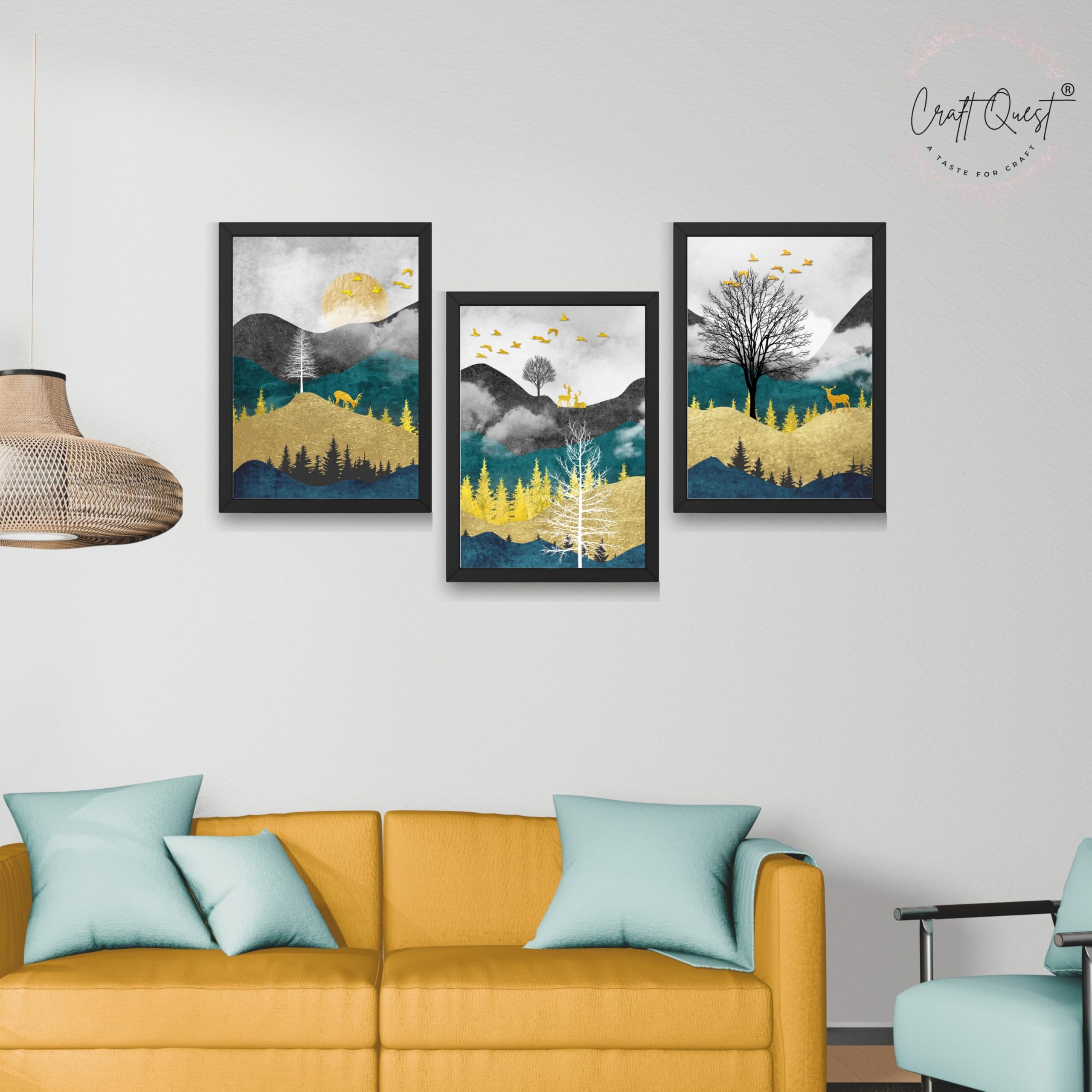 CRAFT QUEST Artistic Composed Abstract Geometric Gold Lines | Set of 3 Frames for Home Decoration | Ideal for Living Room, Bedroom & Offices
