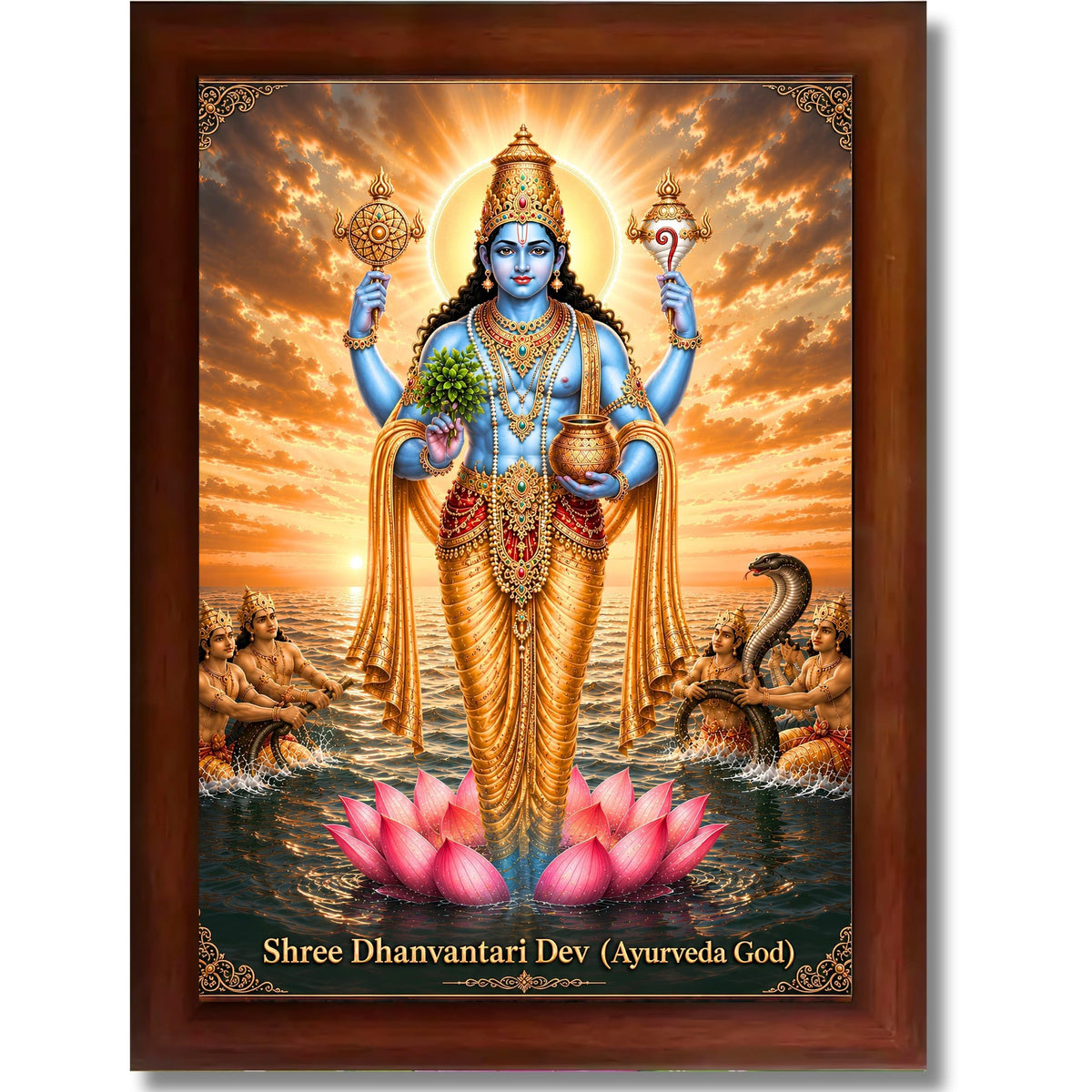 CRAFT QUEST Lord Dhanvantari/Dhanwantari Photo Frame | Hindu God of Ayurveda & Healing | Wooden Framed Wall Art for Home Temple, Office & Clinic Decor | Vastu & Spiritual Gift Item