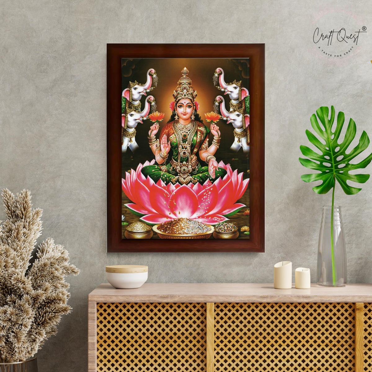 CRAFT QUEST Goddess Lakshmi Devi Vaibhav Laxmi Maa Wall Painting Photo Framed | Ideal for Home, Office, Temple & Puja Room, Wall Decor