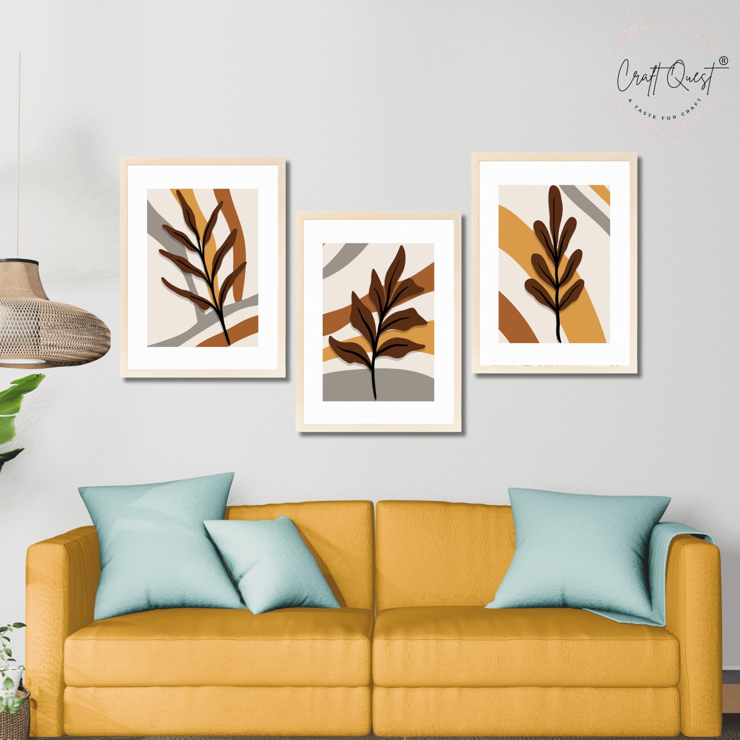 CRAFT QUEST Wall Art Decor Paintings | Set of 3 BOHO Wall Art Frames for Home Decoration | Ideal for Living Room, Bedrooms & Offices