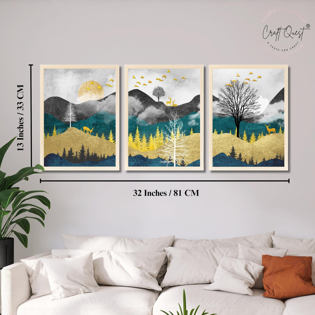 CRAFT QUEST Artistic Composed Abstract Geometric Gold Lines | Set of 3 Frames for Home Decoration | Ideal for Living Room, Bedroom & Offices