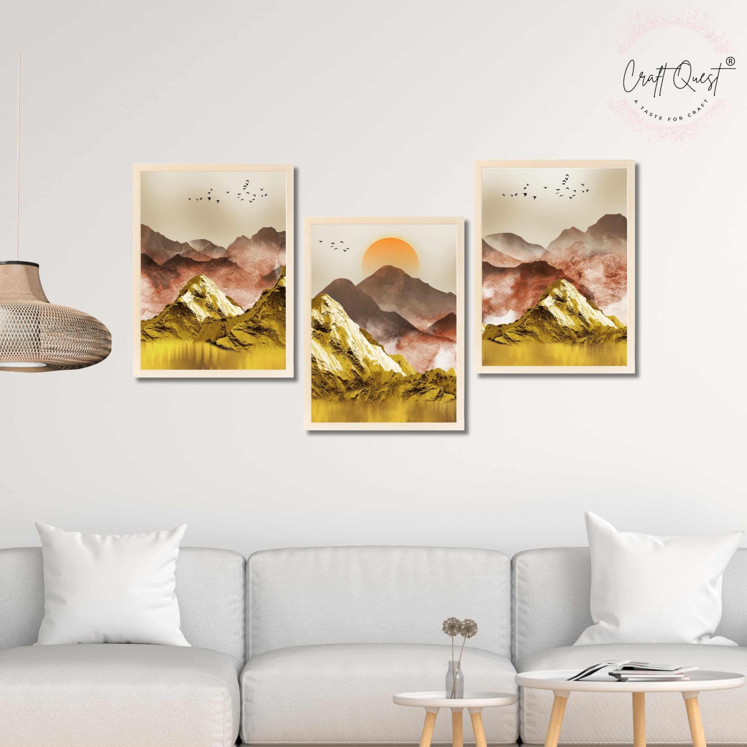 CRAFT QUEST Modern Art Mural Landscape Golden Mountains & Birds Wall Art | Set of 3 Frames for Home Decoration | Ideal for Living Room, Bedroom & Offices