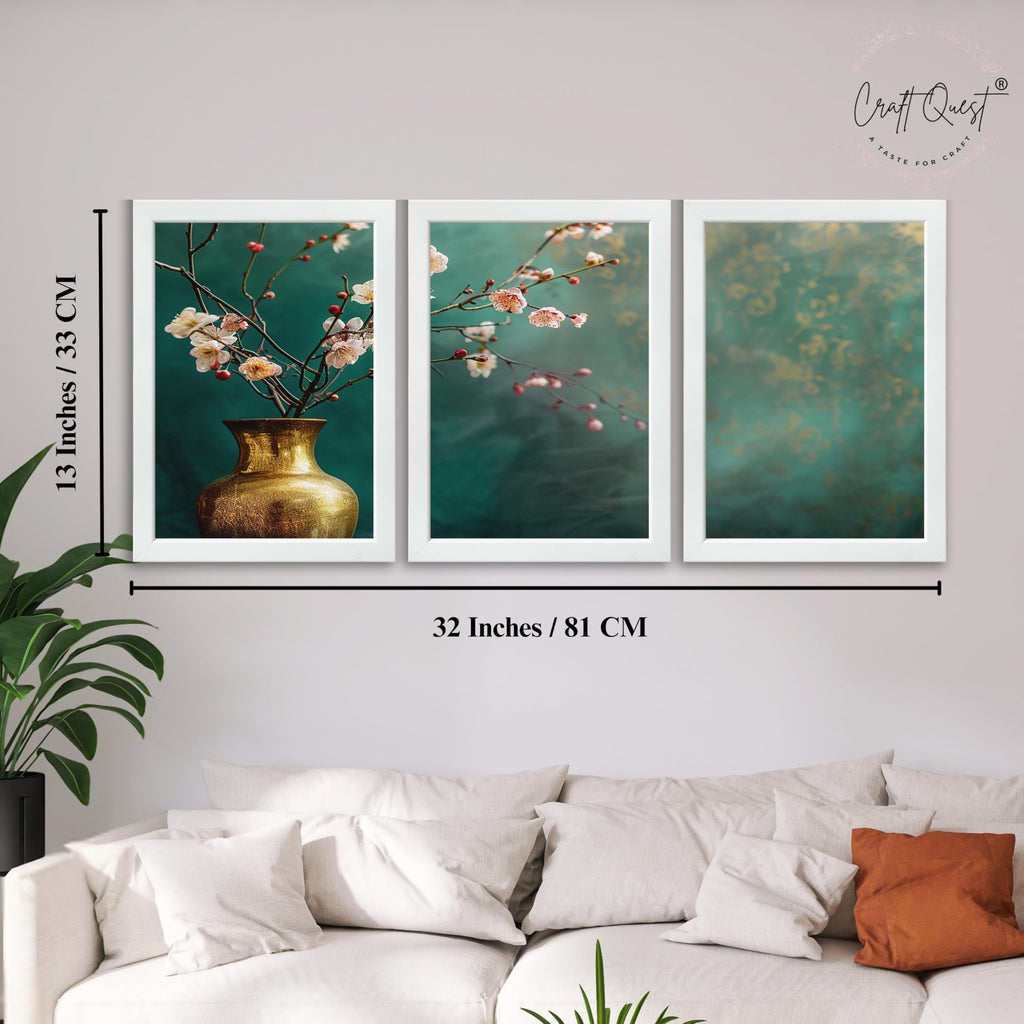 CRAFT QUEST Nature Inspired Flowers In Vase Modern Wall Art | Set of 3 Frames for Home Decoration | Ideal for Living Room, Bedroom & Offices
