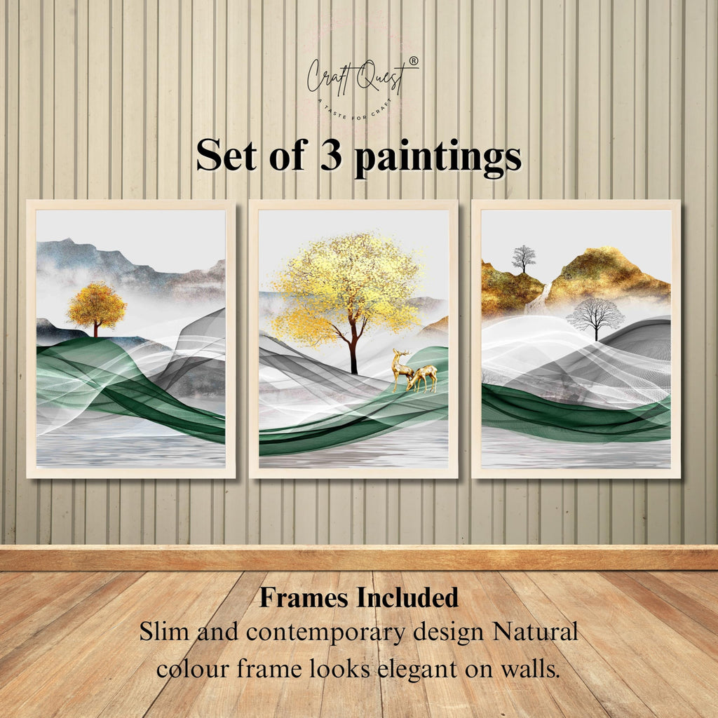 CRAFT QUEST Modern Art Landscapes Abstract Of Moose Golden Mural Wall Art | Set of 3 Frames for Home Decoration | Ideal for Living Room, Bedroom & Offices