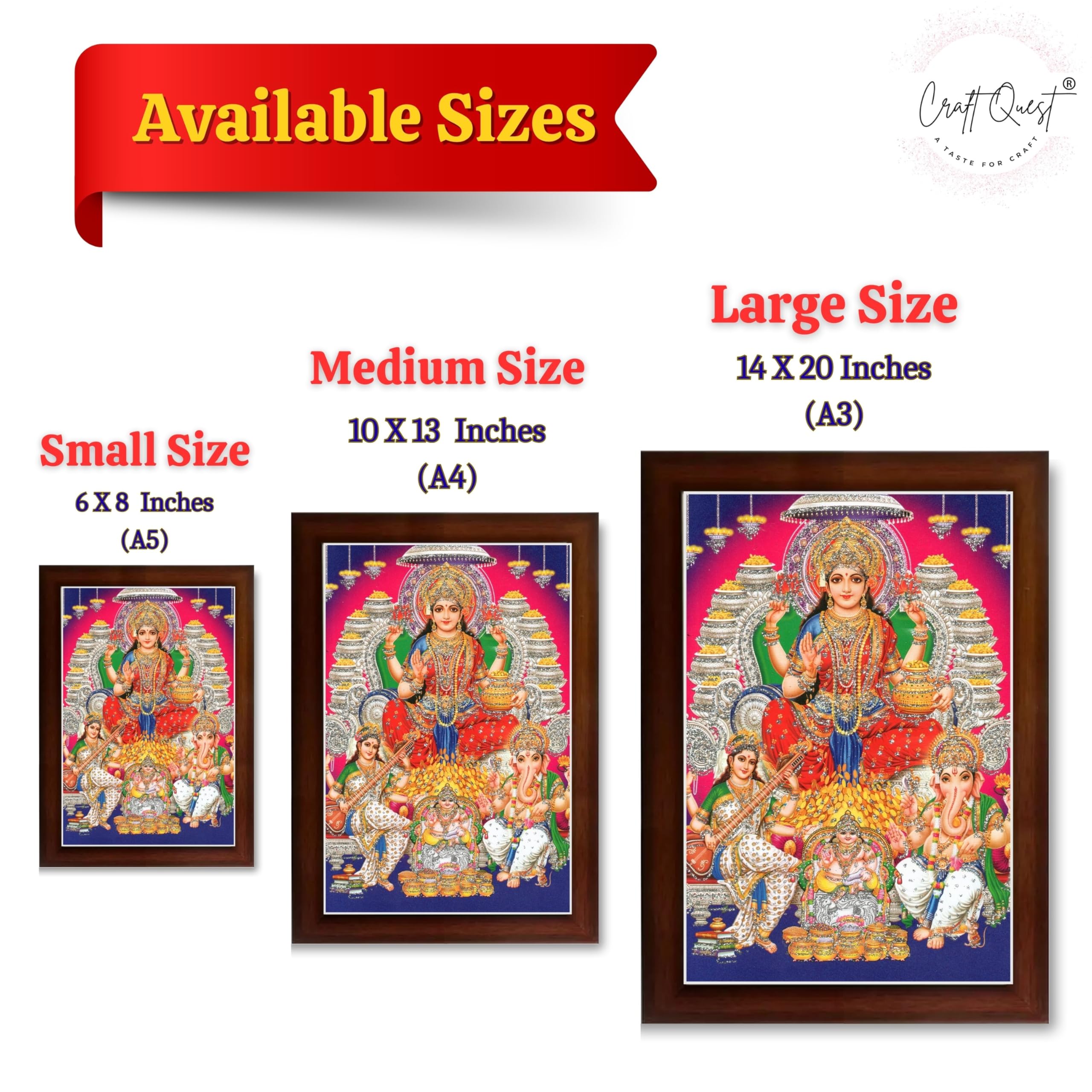 CRAFT QUEST Lord MahaLaxmi Ganesh Saraswati Ji Religious Hindu Photo Frame for Diwali,Wall, Table, Office, Temple, Pooja, Living Room and Decor