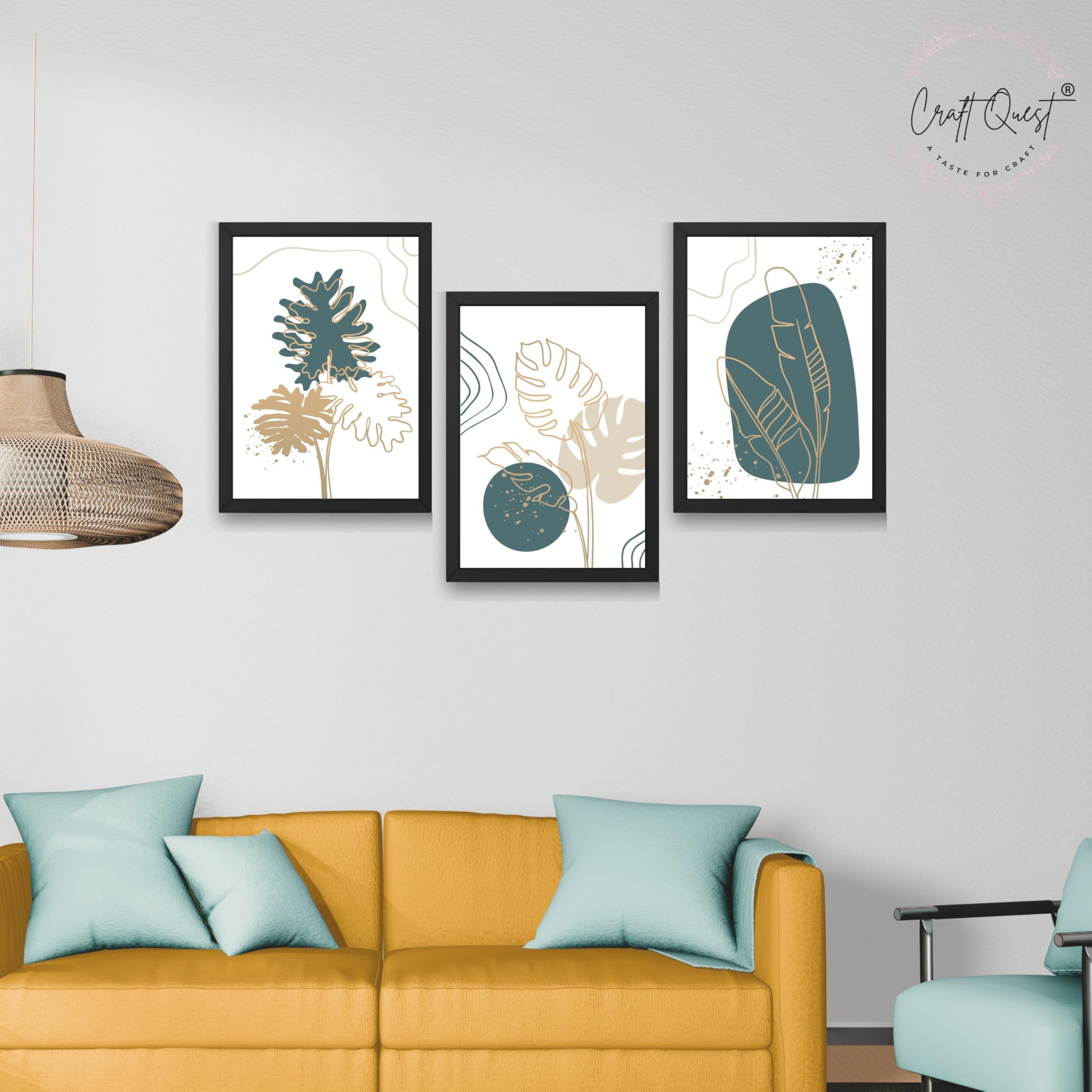 CRAFT QUEST Boho Leaf Artwork | Set of 3 Frames for Home Decoration | Ideal for Living Room, Bedroom & Offices