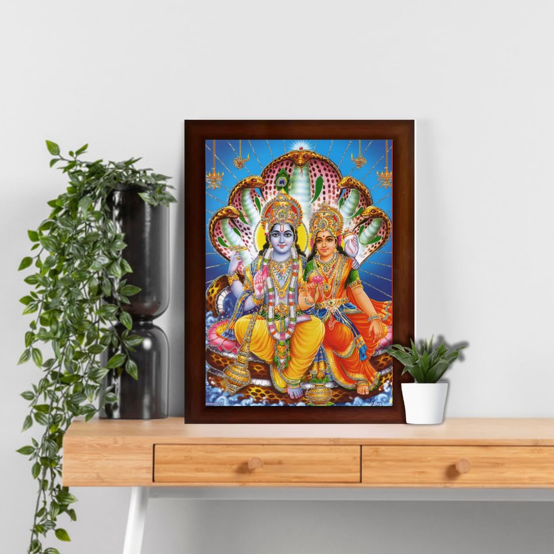 Craft Quest Lord Vishnu and Goddess Lakshmi Giving Blessing on shesh Naag, Glitter Work Painting with Brown Frame (14 X 10 Inches, Brown Wood)