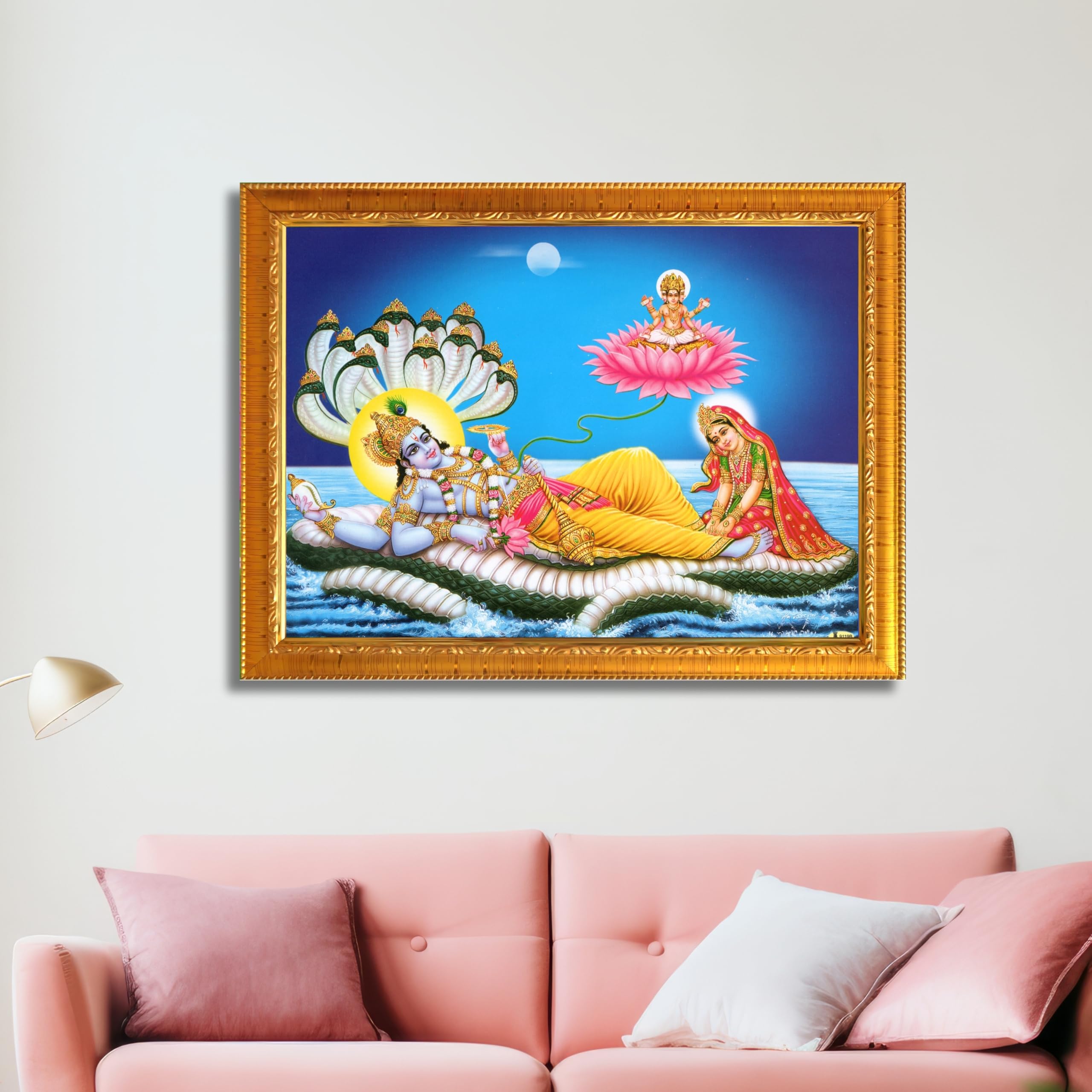 CRAFT QUEST Lord Vishnu and Goddess Lakshmi Giving Blessing on Shesh naag, landscape Glitter Painting with Golden Synthetic Frame