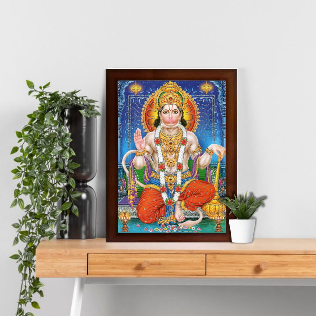 CRAFT QUEST Hanuman JI | Bajrangbali Religious Photo with frame Home Decorative Item Synthetic Wood (10 X 13 Inches, Brown)