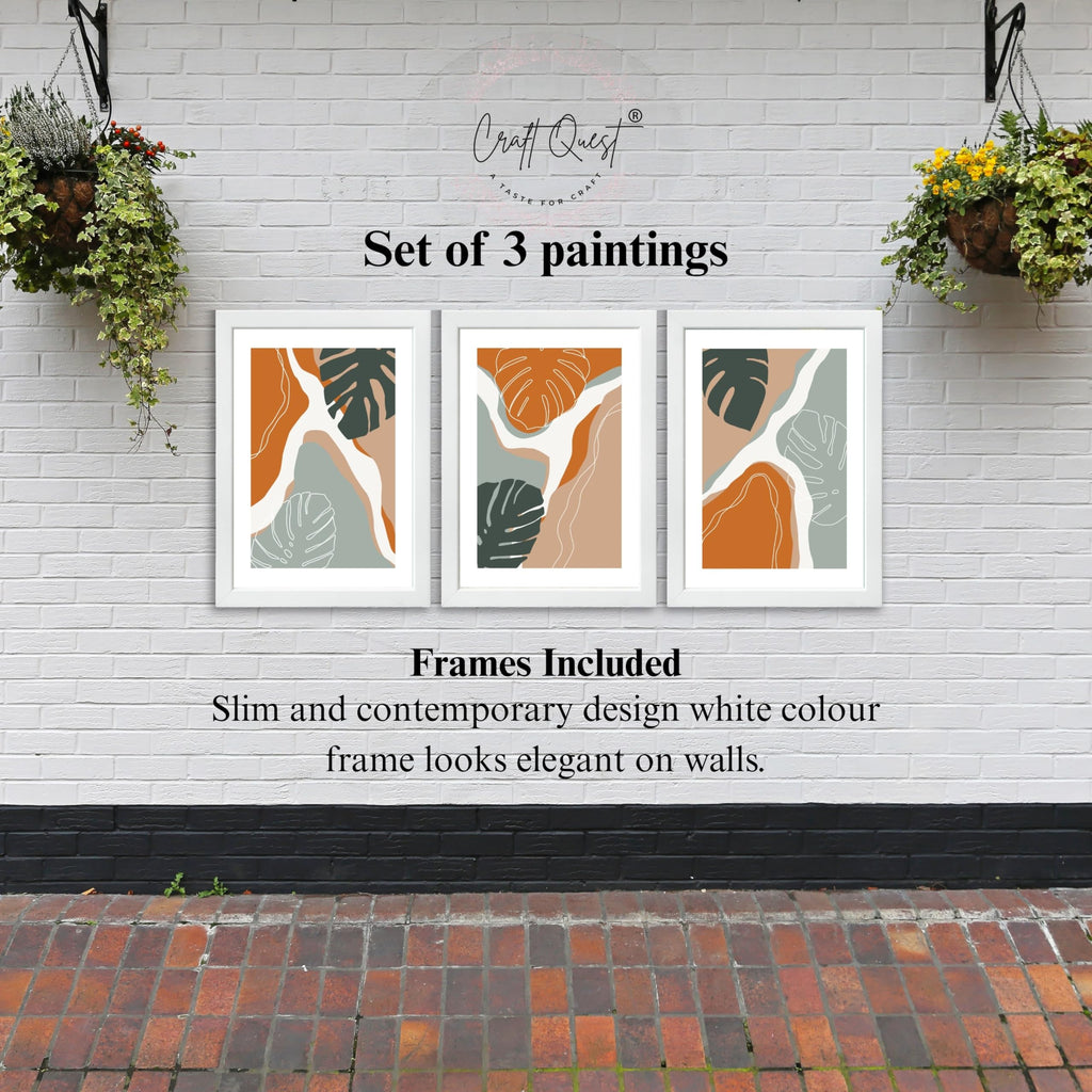 CRAFT QUEST SET OF 3 Organic Modern Leaf Wall Art | Set of 3 Frames for Home Decoration | Ideal for Living Room, Bedroom & Offices