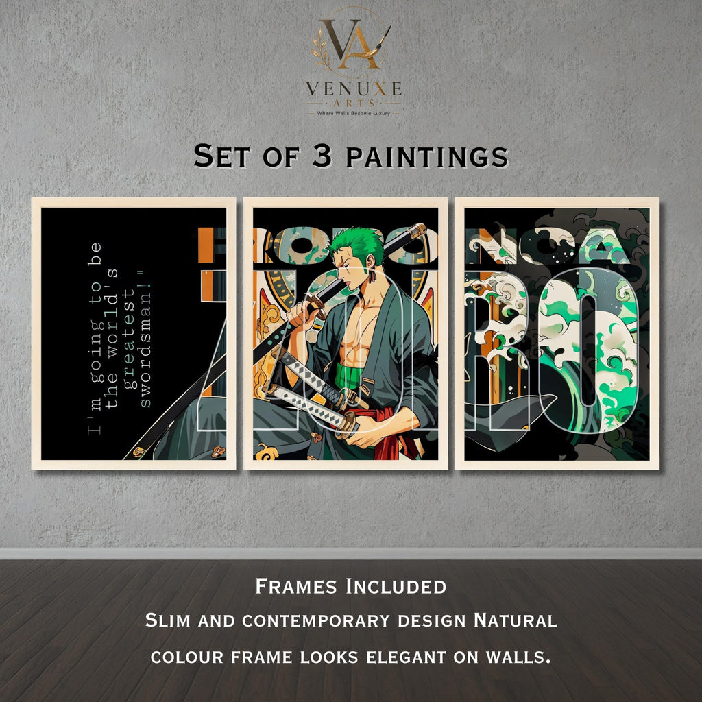 VENUXE ARTS Set Of 3 Anime Characters Wall Framed |Anime Characters Framed Poster for Living Room Bedroom Gaming Room Studio Wall Decor
