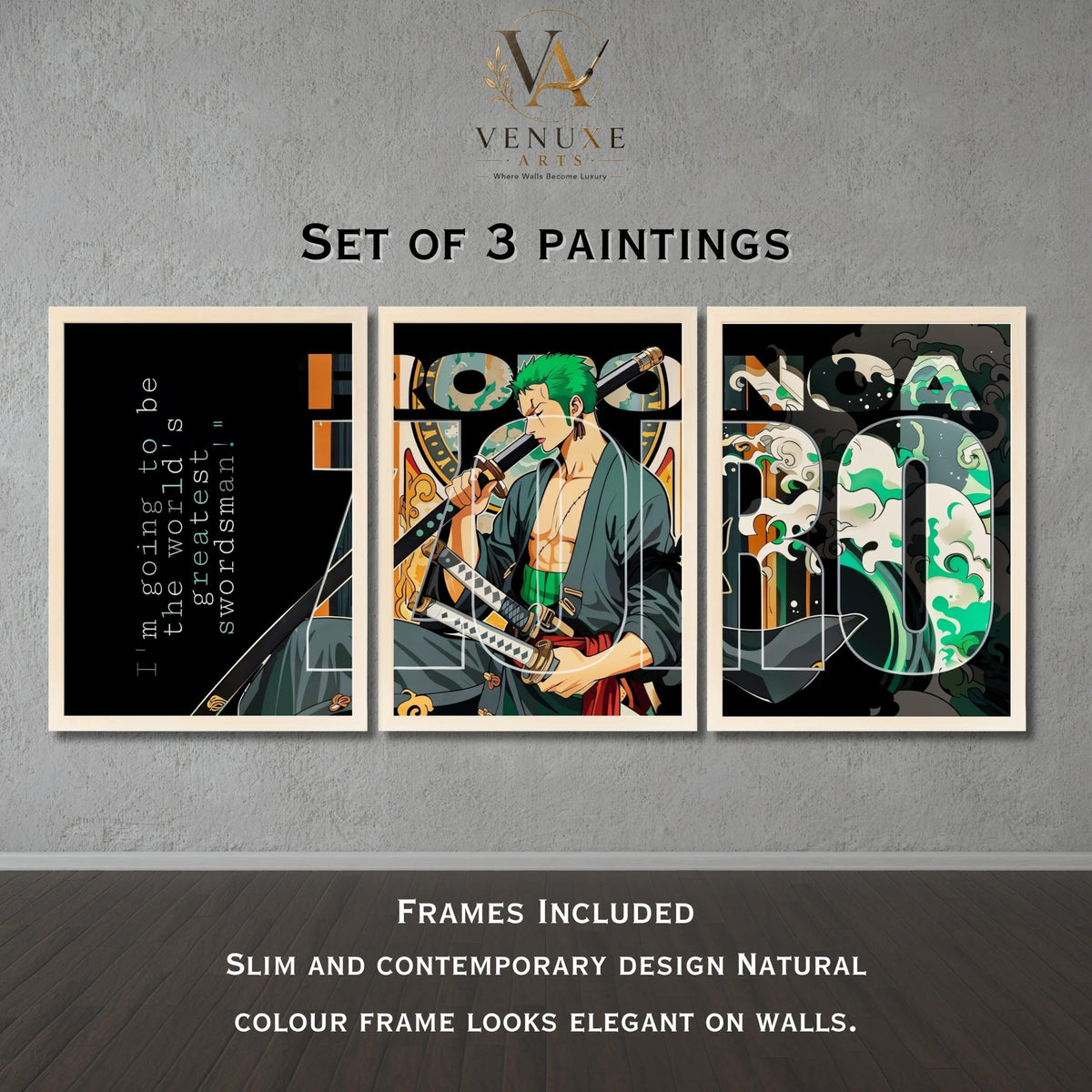 VENUXE ARTS Set Of 3 Anime Characters Wall Framed |Anime Characters Framed Poster for Living Room Bedroom Gaming Room Studio Wall Decor