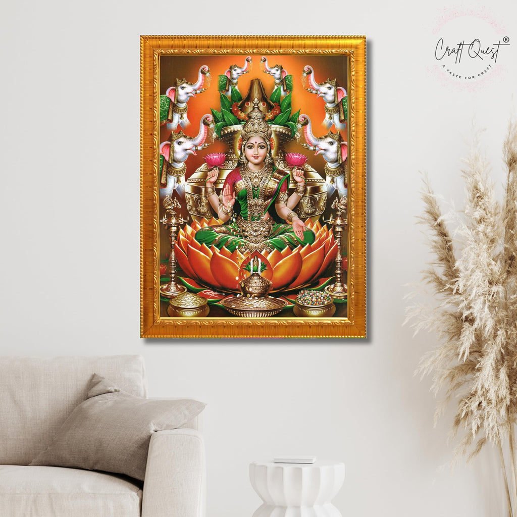 CRAFT QUEST Goddess Lakshmi Devi Dhana Vaibhav Laxmi Maa Wall Painting Photo Framed | Ideal for Home, Office, Temple & Puja Room, Wall Decor