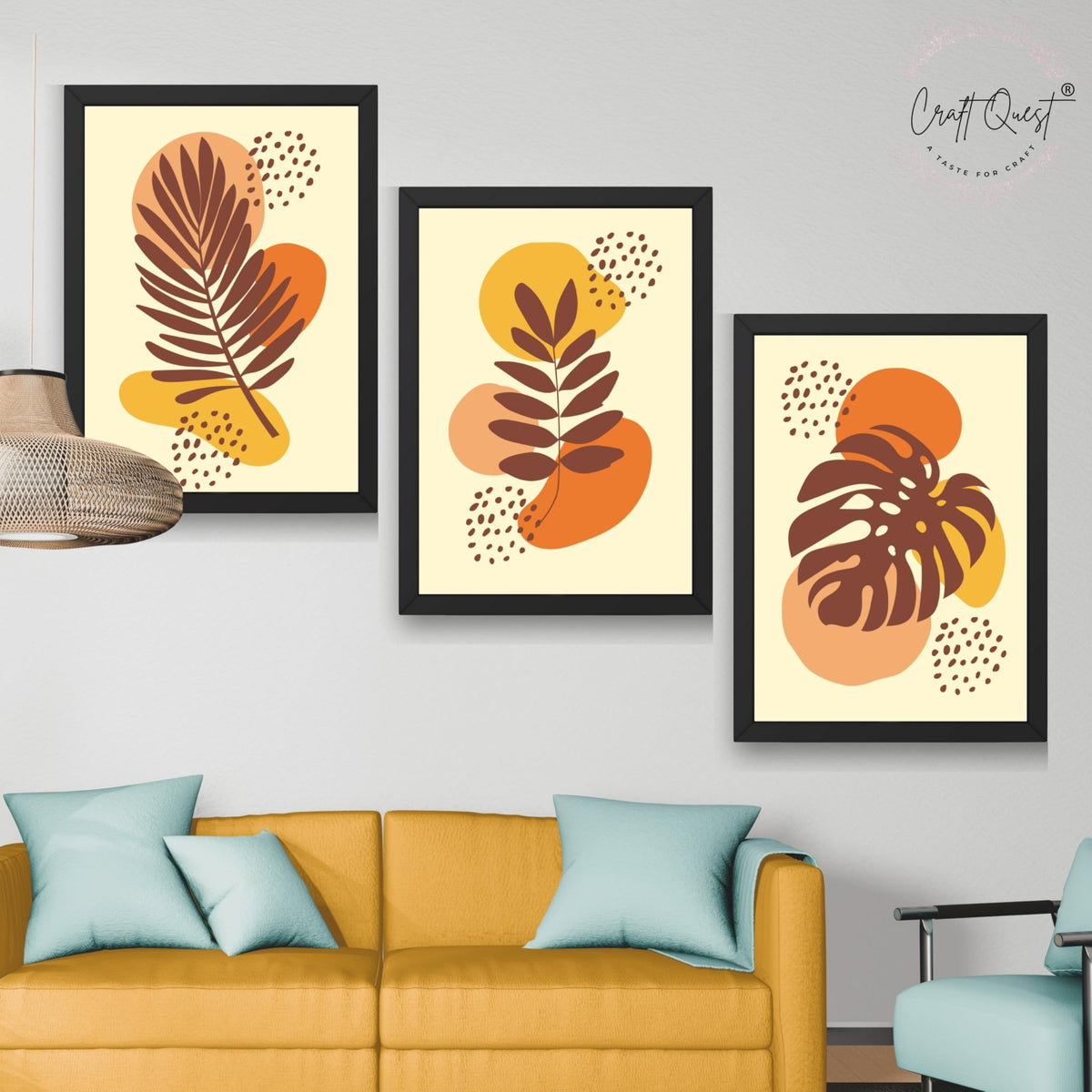 CRAFT QUEST Wall Art Decor Paintings | Set of 3 BOHO Wall Art Frames for Home Decoration | Ideal for Living Room, Offices & Bedrooms