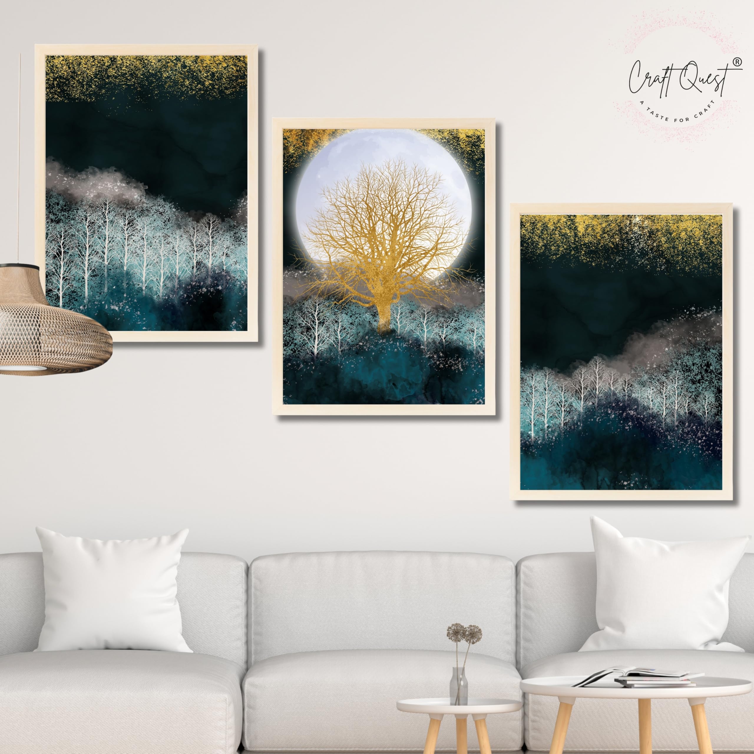 CRAFT QUEST Modern Art Christmas Trees & Mountains Landscape Wall Art | Set of 3 Frames for Home Decoration | Ideal for Living Room, Bedroom & Offices