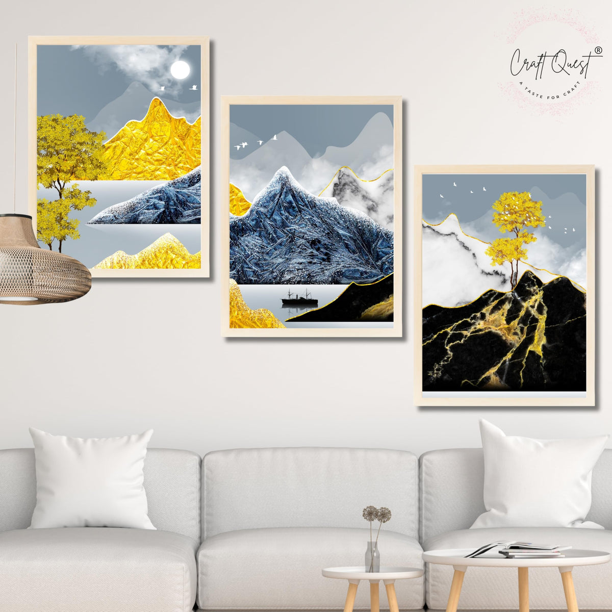 CRAFT QUEST Modern Art Abstract Ink Landscape Wall Art | Set of 3 Frames for Home Decoration | Ideal for Living Room, Bedroom & Offices