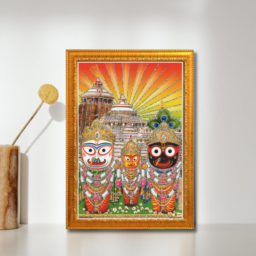 CRAFT QUEST Puri Jagannath Subhadra Balabhadra Balaram Wall Painting Framed Home Decor (Wood,Matte,Gold,Small Size,6 x 8 Inch)