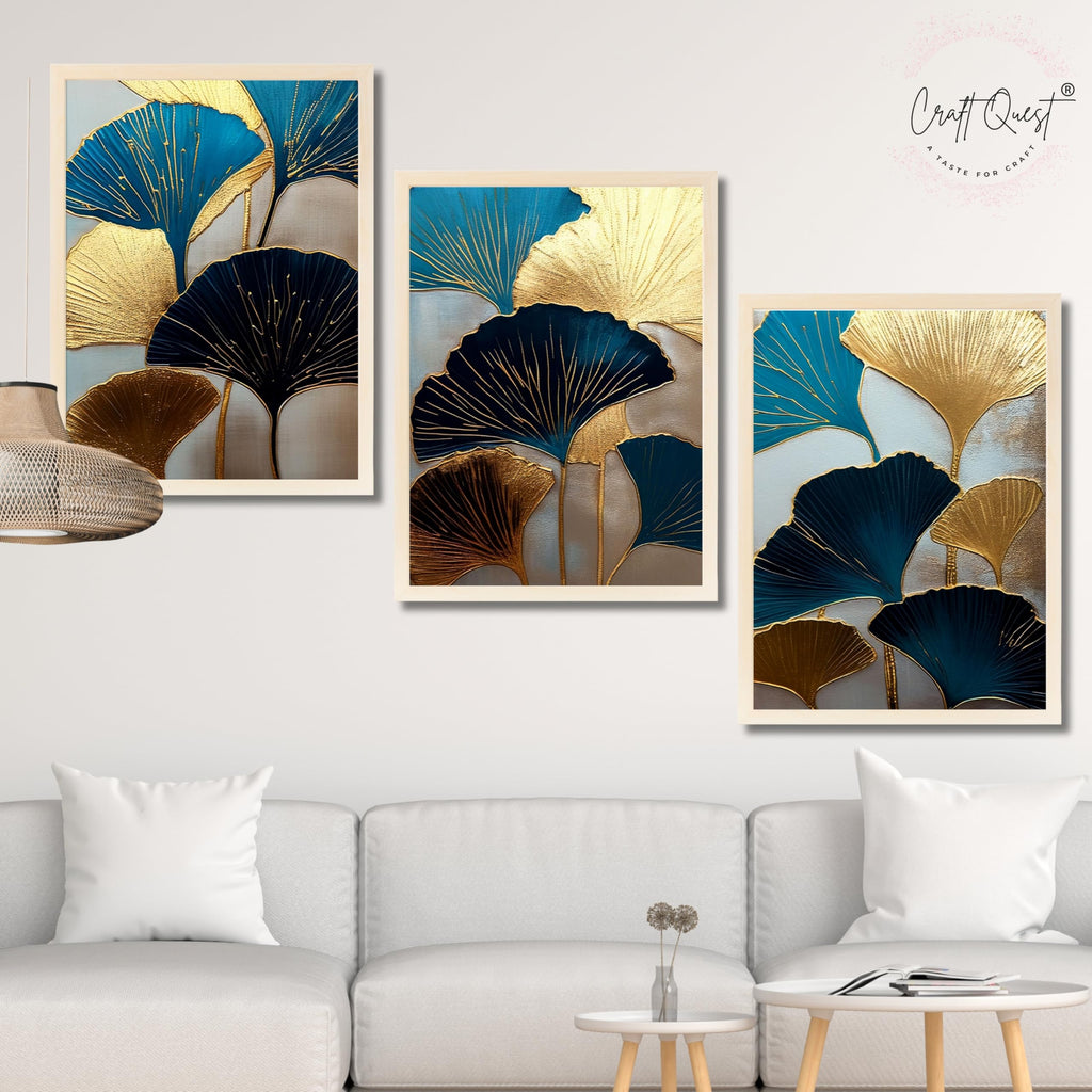 CRAFT QUEST Modern Art Abstract Aureate Geometry Wall Art | Set of 3 Frames for Home Decoration | Ideal for Living Room, Bedroom & Offices