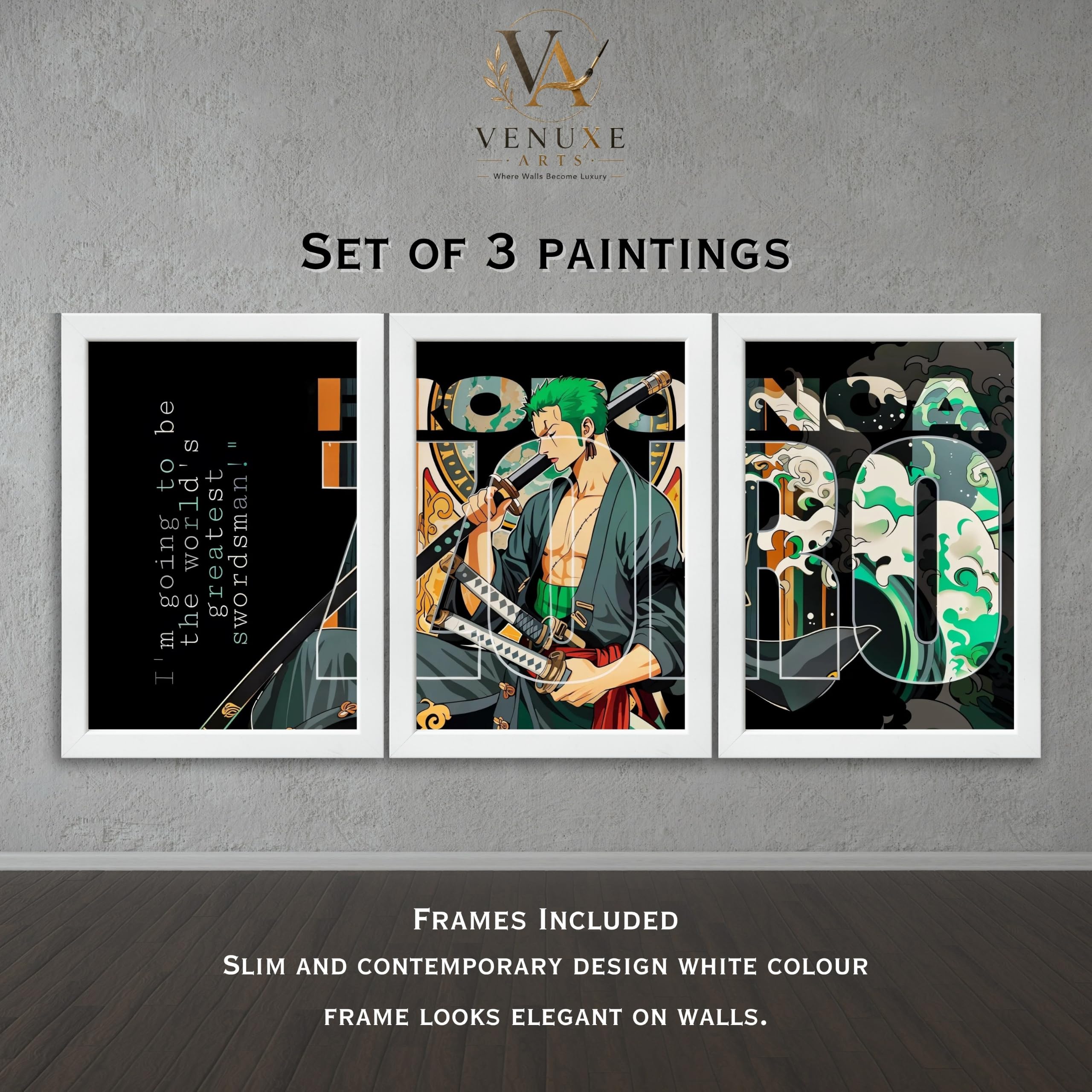 VENUXE ARTS Set Of 3 Anime Characters Wall Framed |Anime Characters Framed Poster for Living Room Bedroom Gaming Room Studio Wall Decor
