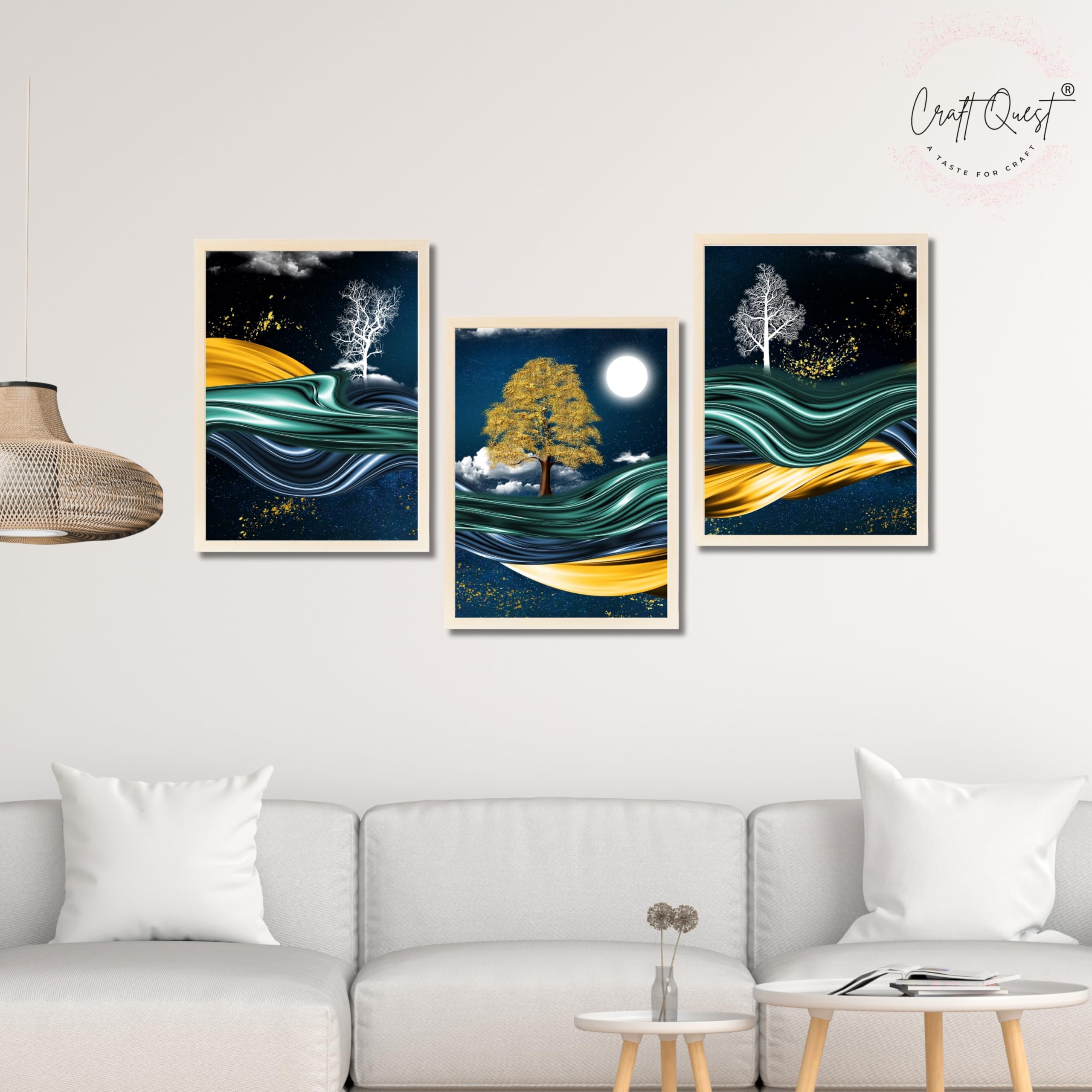 CRAFT QUEST Modern Art With Dark Blue Background & Golden Tree Wall Art | Set of 3 Frames for Home Decoration | Ideal for Living Room, Bedroom & Offices