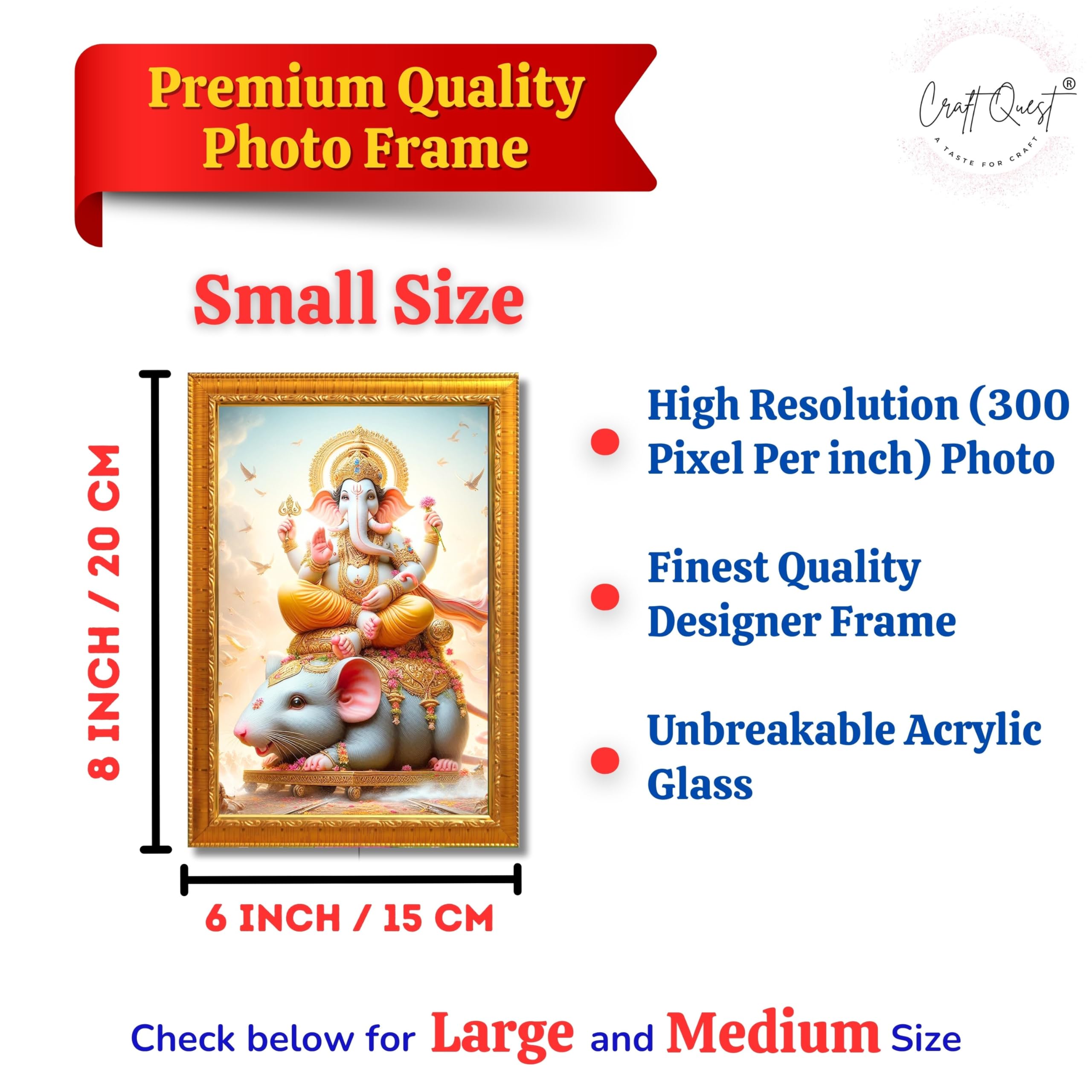 CRAFT QUEST God Ganpati ji Photo Frame Wall Decor Mandir Pooja Poster Religious Painting Divine Hindu Temple Decoration Spiritual Blessings Home Office Gift