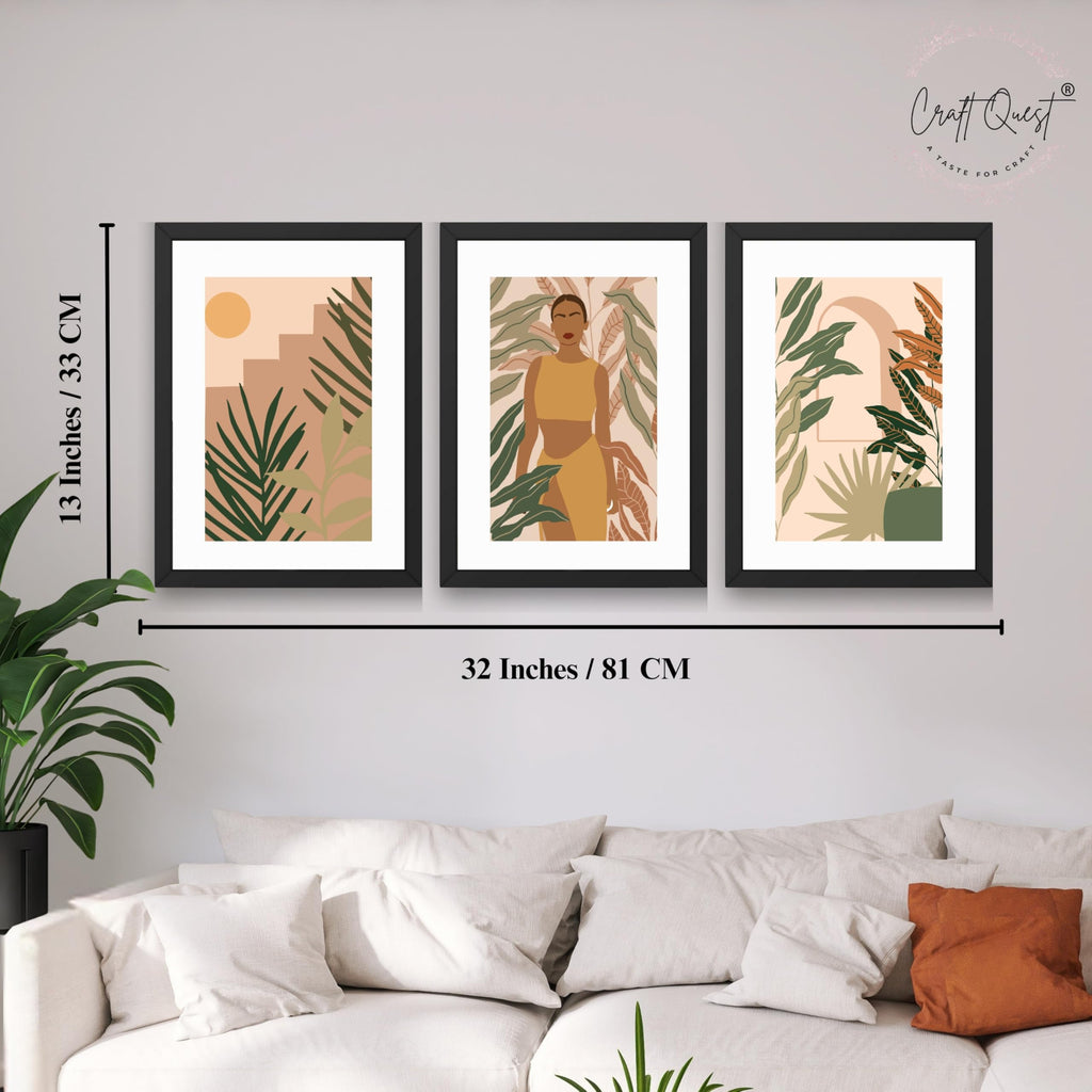 CRAFT QUEST Beautiful Abstract Of American Woman & Tropical Leaves Wall Art | Set of 3 Frames for Home Decoration | Ideal for Living Room, Bedroom & Offices