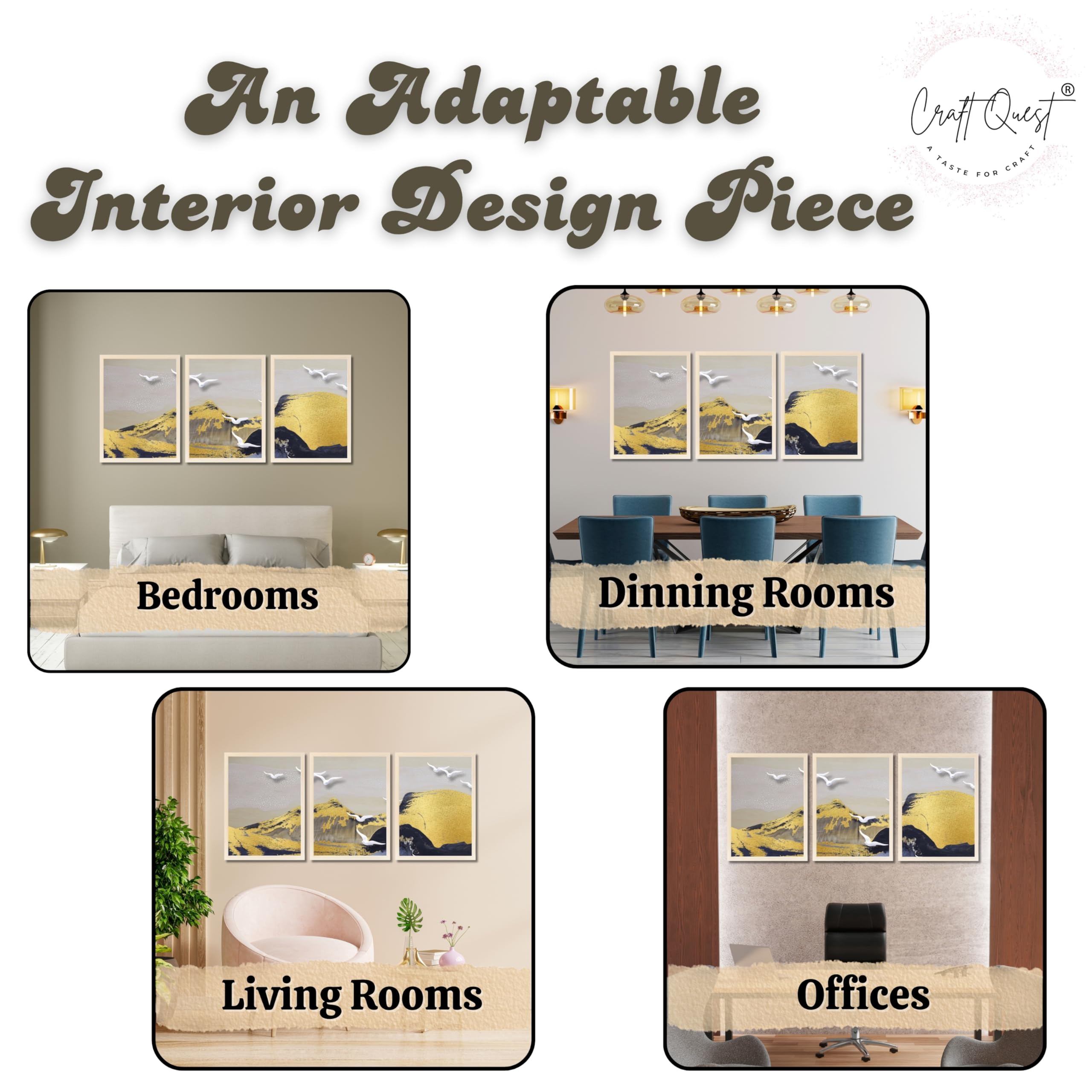 CRAFT QUEST Modern Art Abstract Porch Golden Wall Art | Set of 3 Frames for Home Decoration | Ideal for Living Room, Bedroom & Offices