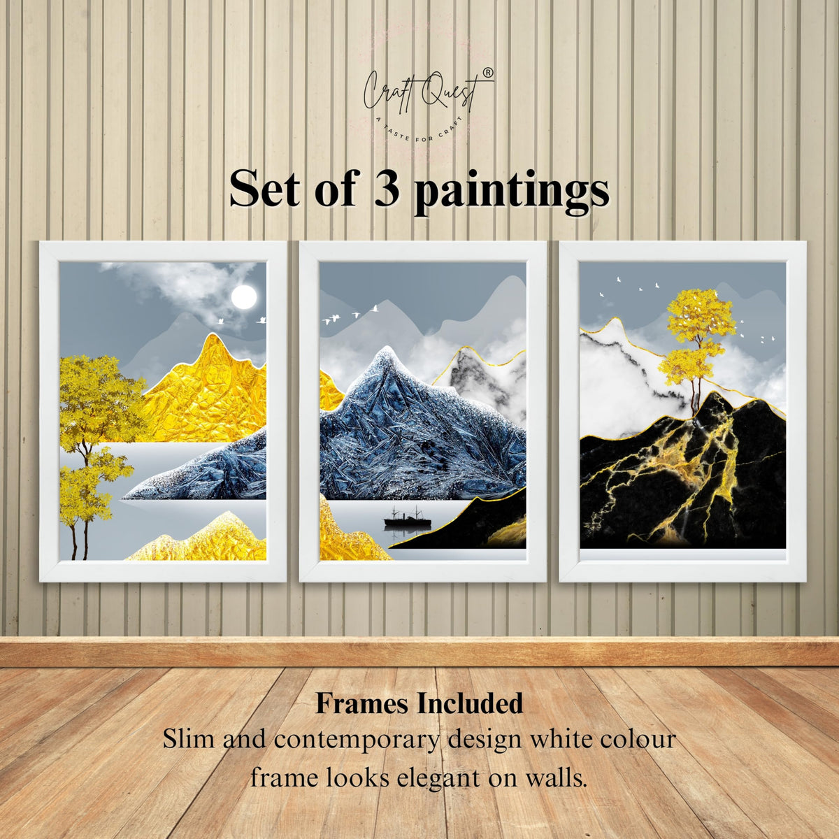 CRAFT QUEST Modern Art Abstract Ink Landscape Wall Art | Set of 3 Frames for Home Decoration | Ideal for Living Room, Bedroom & Offices