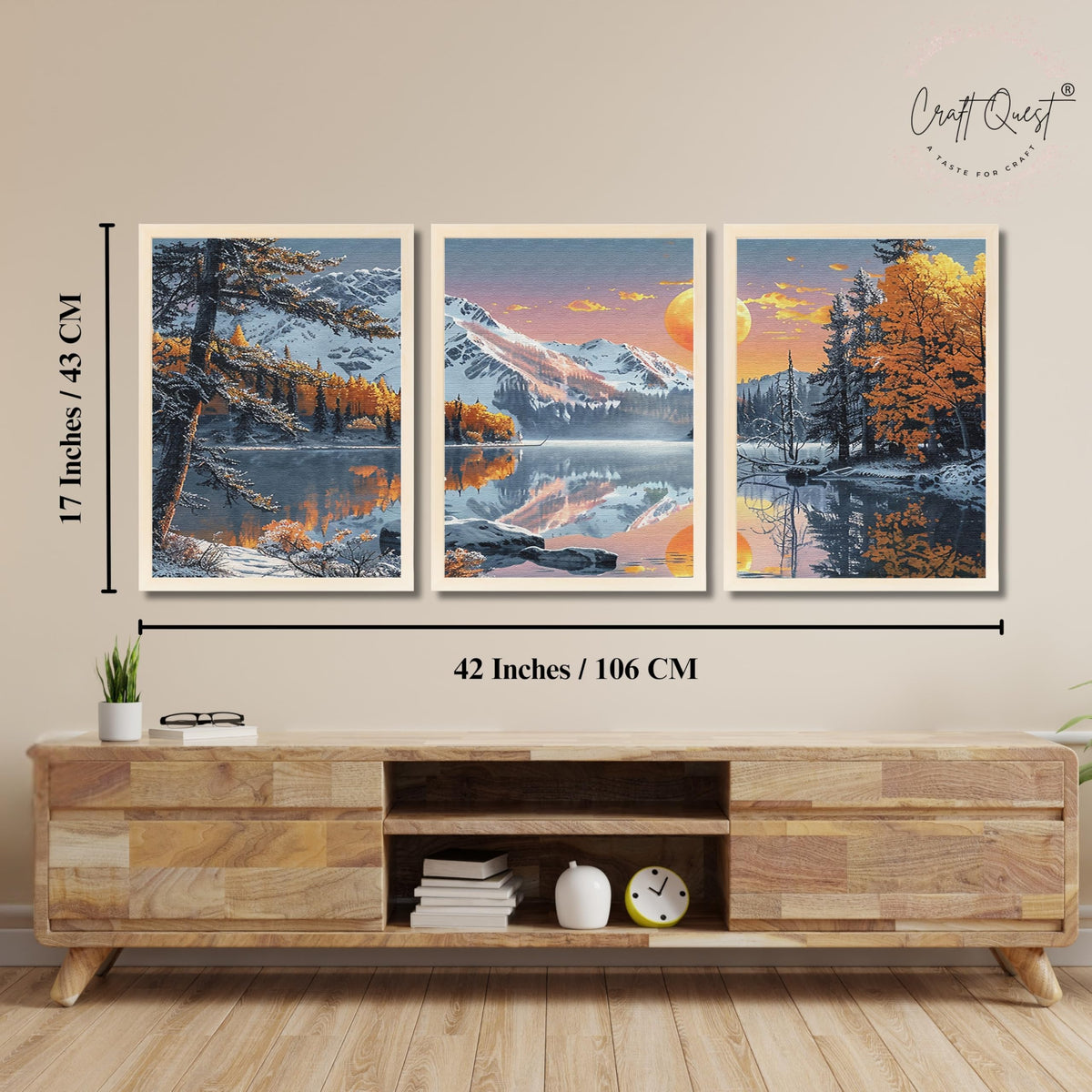 CRAFT QUEST Modern Art Paintings With Lake & Mountains Wall Art | Set of 3 Frames for Home Decoration | Ideal for Living Room, Bedroom & Offices