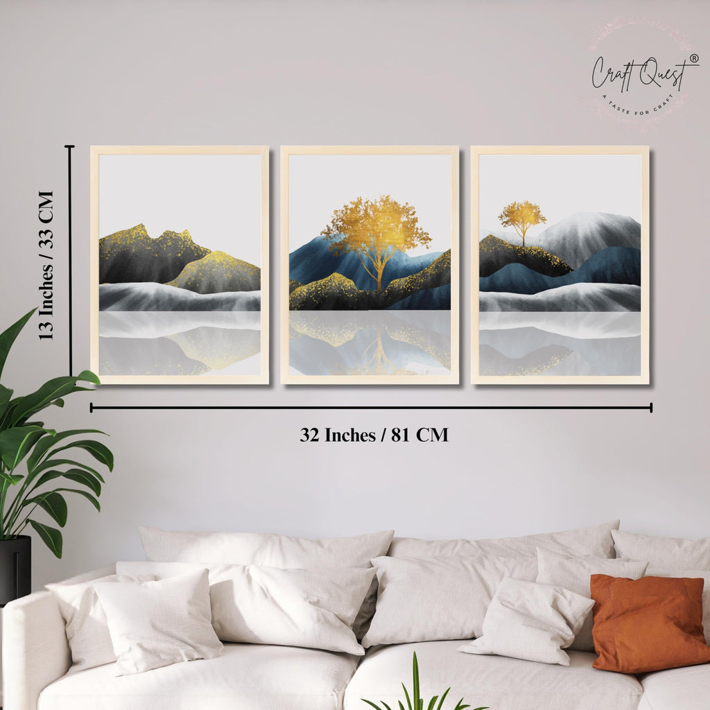 CRAFT QUEST Modern Abstract Golden Trees & Mountains | Set of 3 Frames for Home Decoration | Ideal for Living Room, Bedroom & Offices