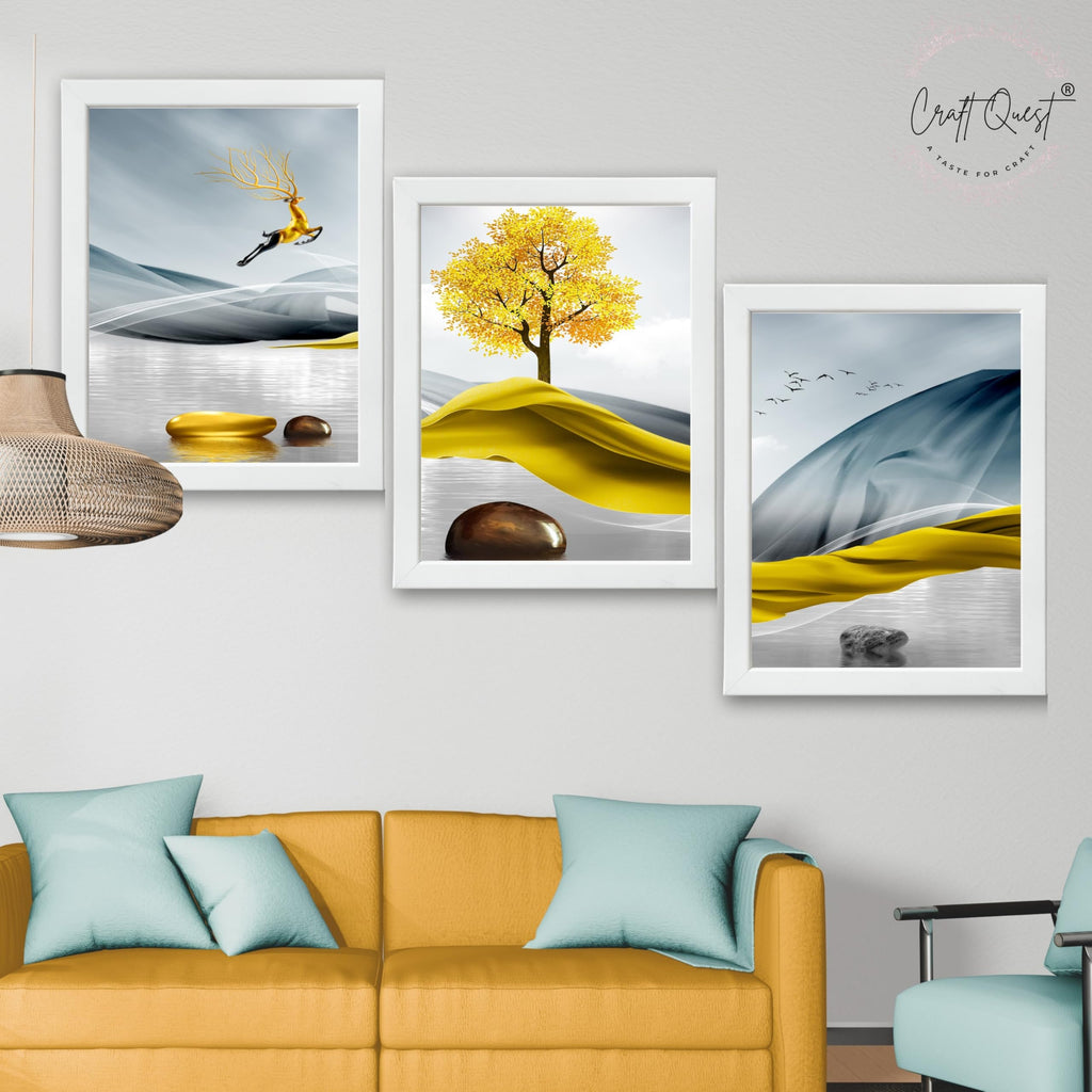 CRAFT QUEST Sanlian Adornment Abstract Modern Art | Set of 3 Frames for Home Decoration | Ideal for Living Room, Bedroom & Offices