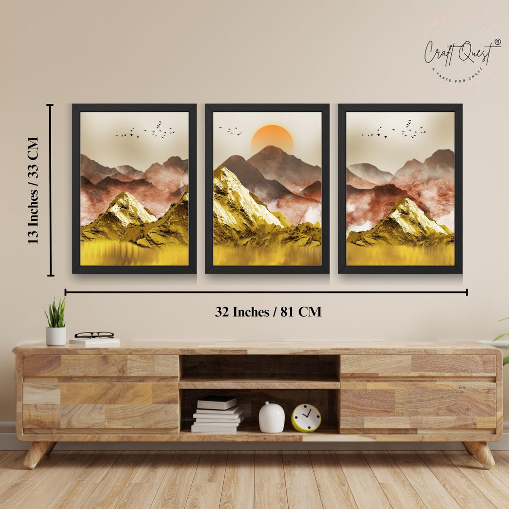 CRAFT QUEST Modern Art Mural Landscape Golden Mountains & Birds Wall Art | Set of 3 Frames for Home Decoration | Ideal for Living Room, Bedroom & Offices