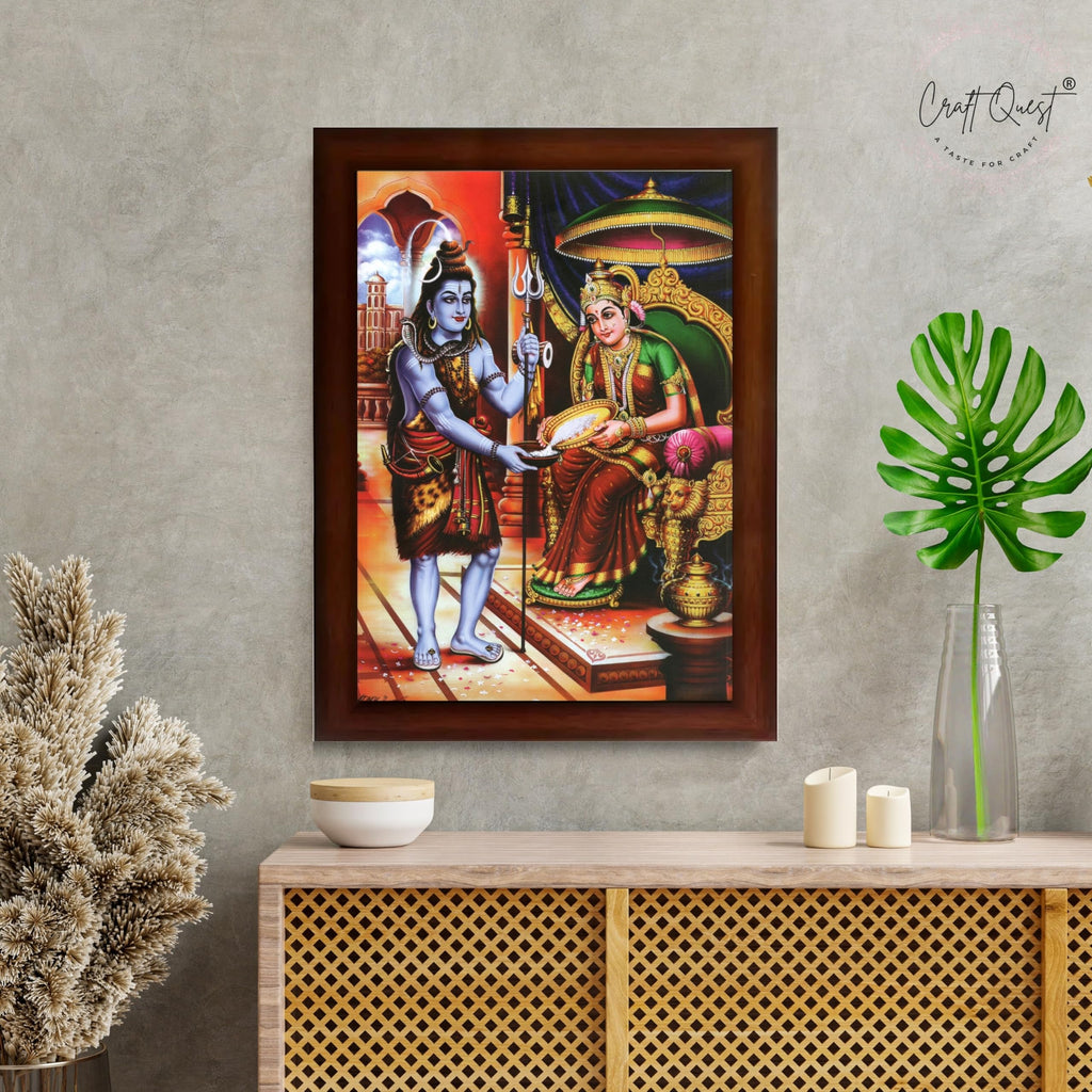 CRAFT QUEST Shiva & Maa Annapurna devi sitting on throne photo frame with Acrylic Glass for Kitchen, Food & Prosperity Blessing Hindu Wall Decor