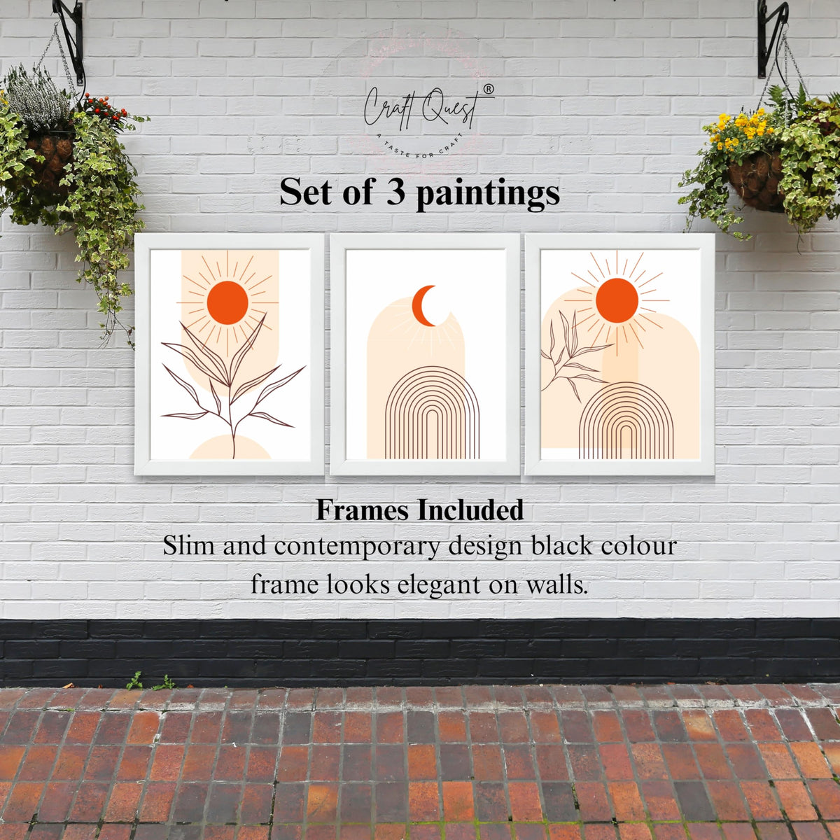 CRAFT QUEST Wall Art Decor Paintings | Set of 3 BOHO Wall Art Frames for Home Decoration | Ideal for Living Room, Bedroom & Office