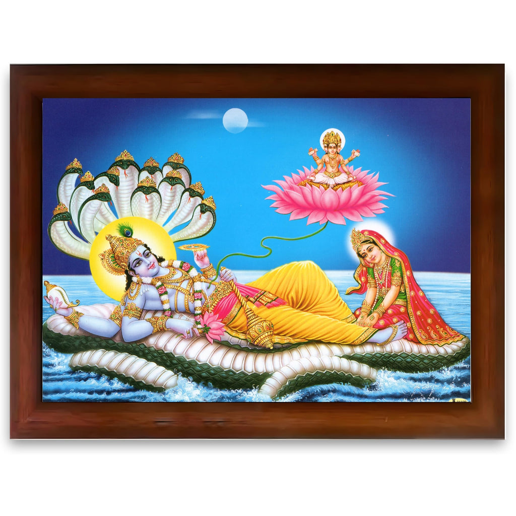 CRAFT QUEST Lord Vishnu and Goddess Lakshmi Giving Blessing on Shesh naag, landscape Glitter Painting with Golden Synthetic Frame